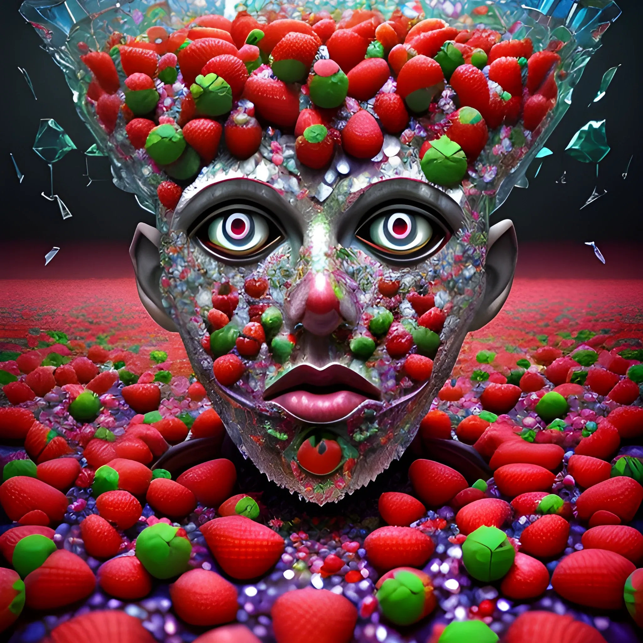 make a sculpture of many crystal crazy strawberries with human face, poppies around, many broken glass in the air, saturated colors
surrealism, chaotic background, 3D, Trippy,  eerie atmosphere, close up, Oil Painting, angular perspective 