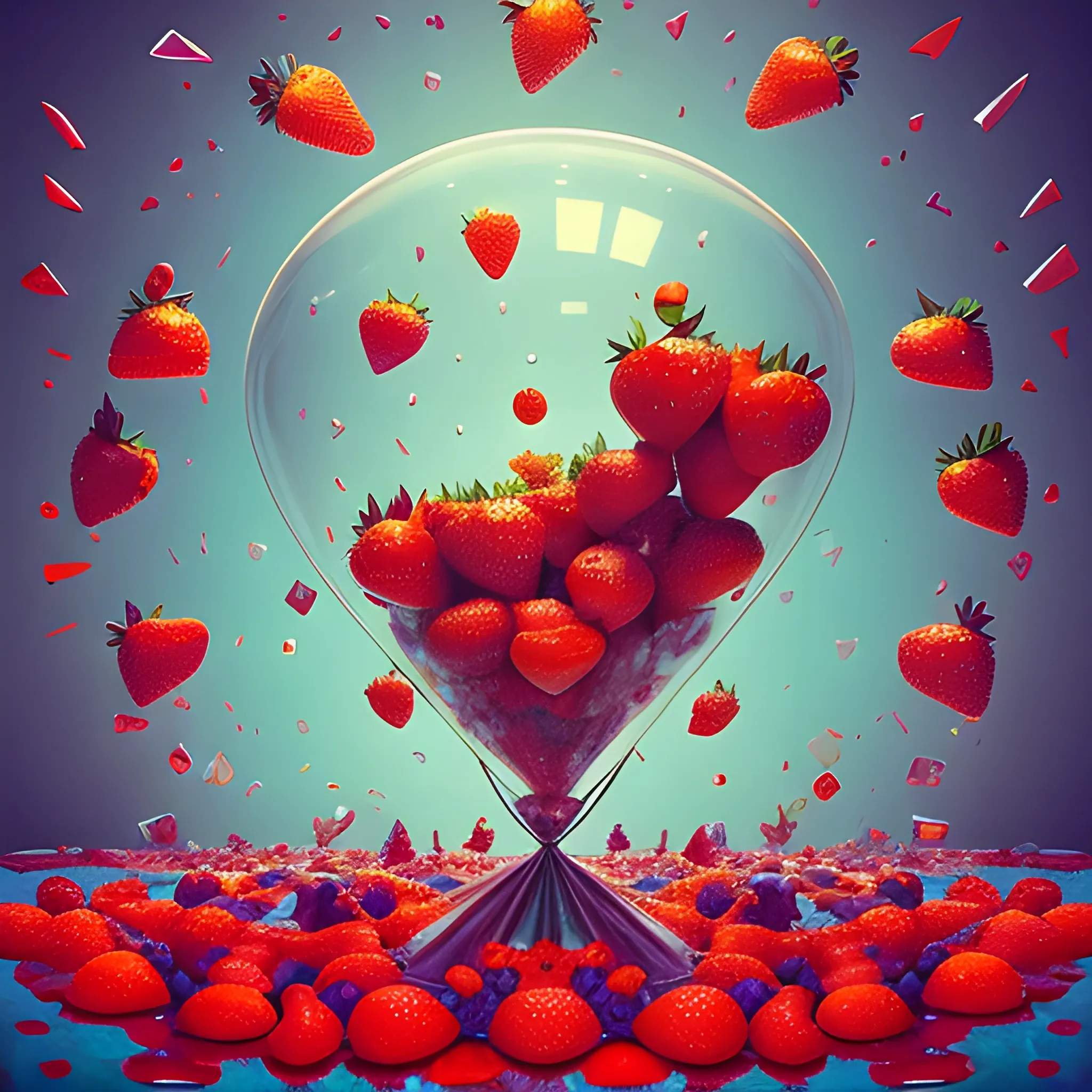 make a sculpture of many crystal crazy strawberries with human faces, poppies around, many broken glass in the air, saturated colors
surrealism, chaotic background, 3D, Trippy,  eerie atmosphere, close up, Oil Painting, angular perspective 