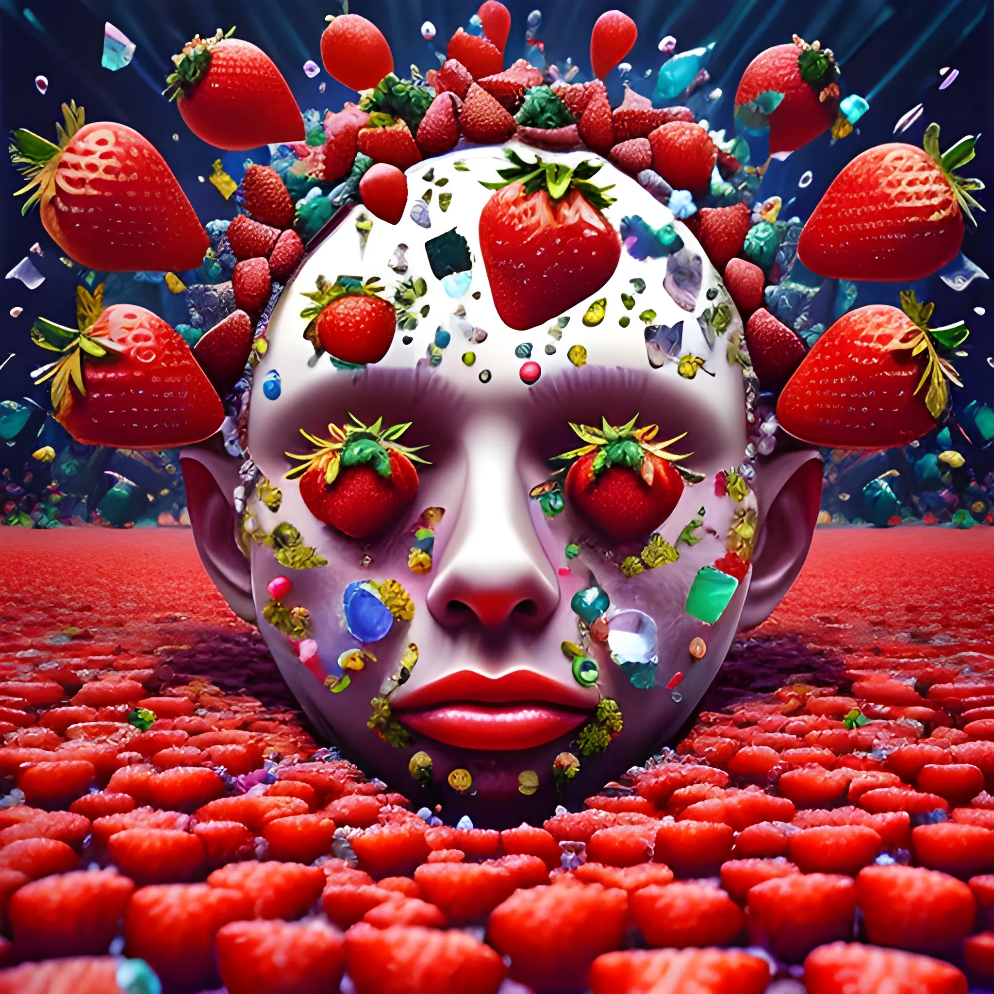 make a sculpture of many crystal crazy strawberries with human faces, poppies around, many broken glass in the air, saturated colors
surrealism, chaotic background, 3D, Trippy,  eerie atmosphere, close up, Oil Painting, aerial perspective