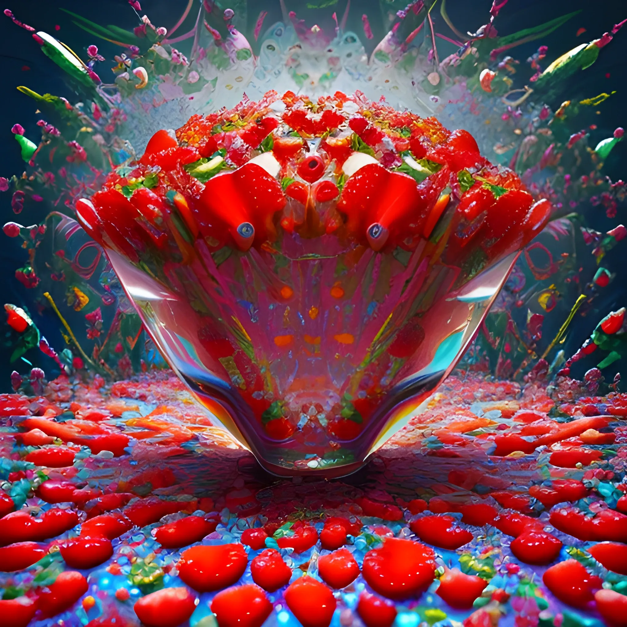 make a sculpture of many crystal crazy strawberries with human faces, poppies around, many broken glass in the air, saturated colors
surrealism, chaotic background, 3D, Trippy,  eerie atmosphere, close up, Oil Painting, aerial perspective
