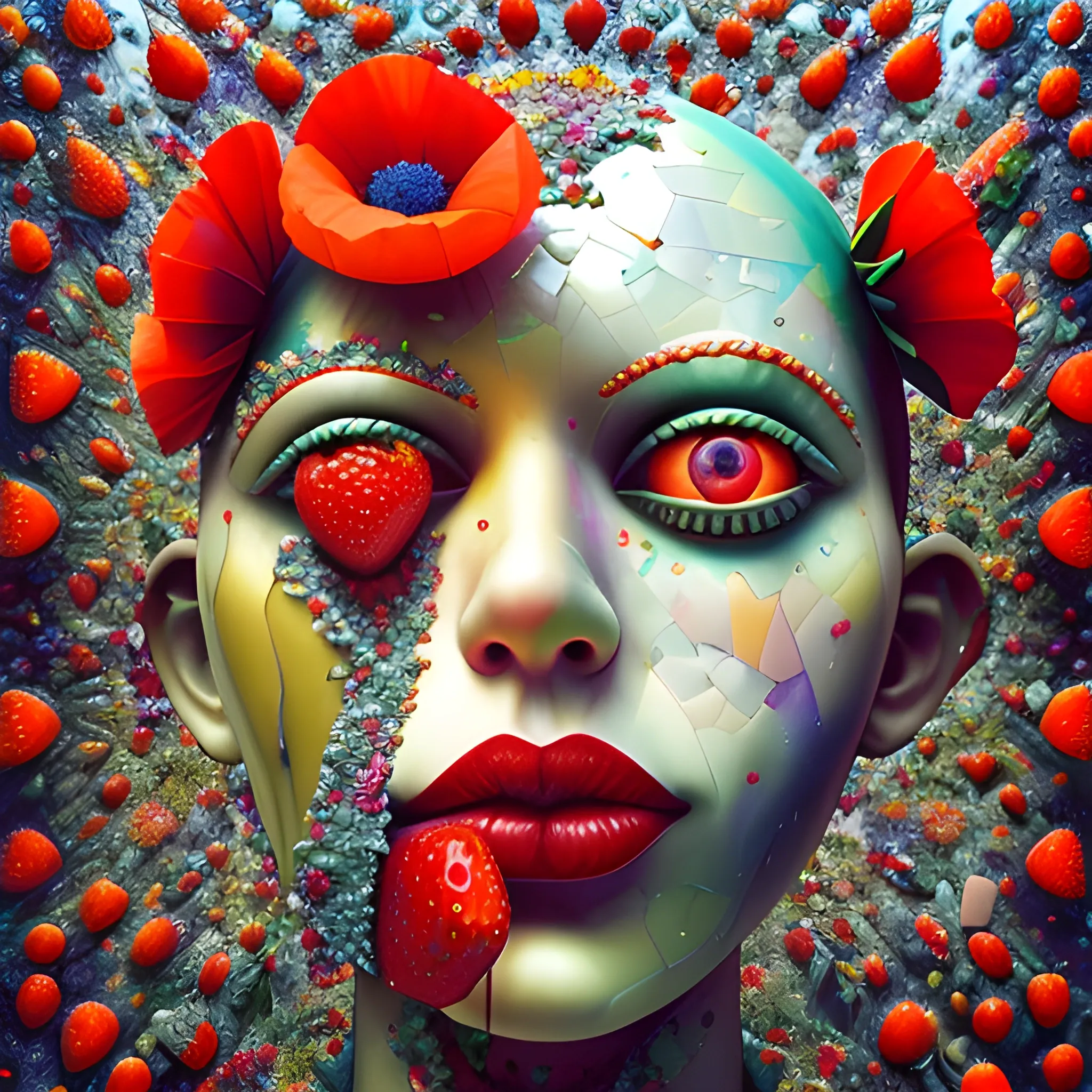 make a sculpture of many crystal crazy strawberries with human face, poppies around, many broken glass in the air, saturated colors
surrealism, chaotic background, 3D, Trippy,  eerie atmosphere, close up, Oil Painting, aerial perspective
