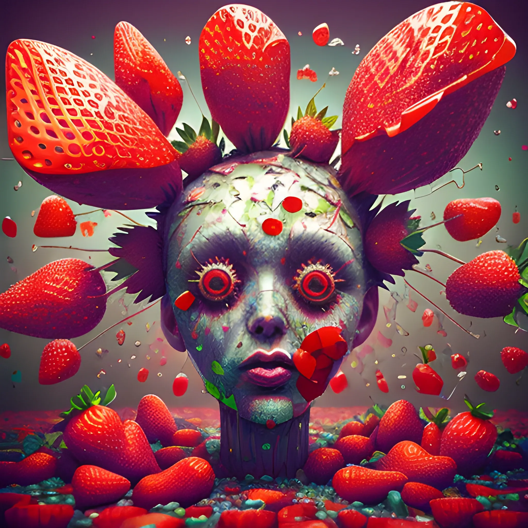 make a sculpture of many crystal crazy strawberries with human face, poppies around, many broken glass in the air, saturated colors
surrealism, chaotic background, 3D, Trippy,  eerie atmosphere, close up, Oil Painting, aerial perspective