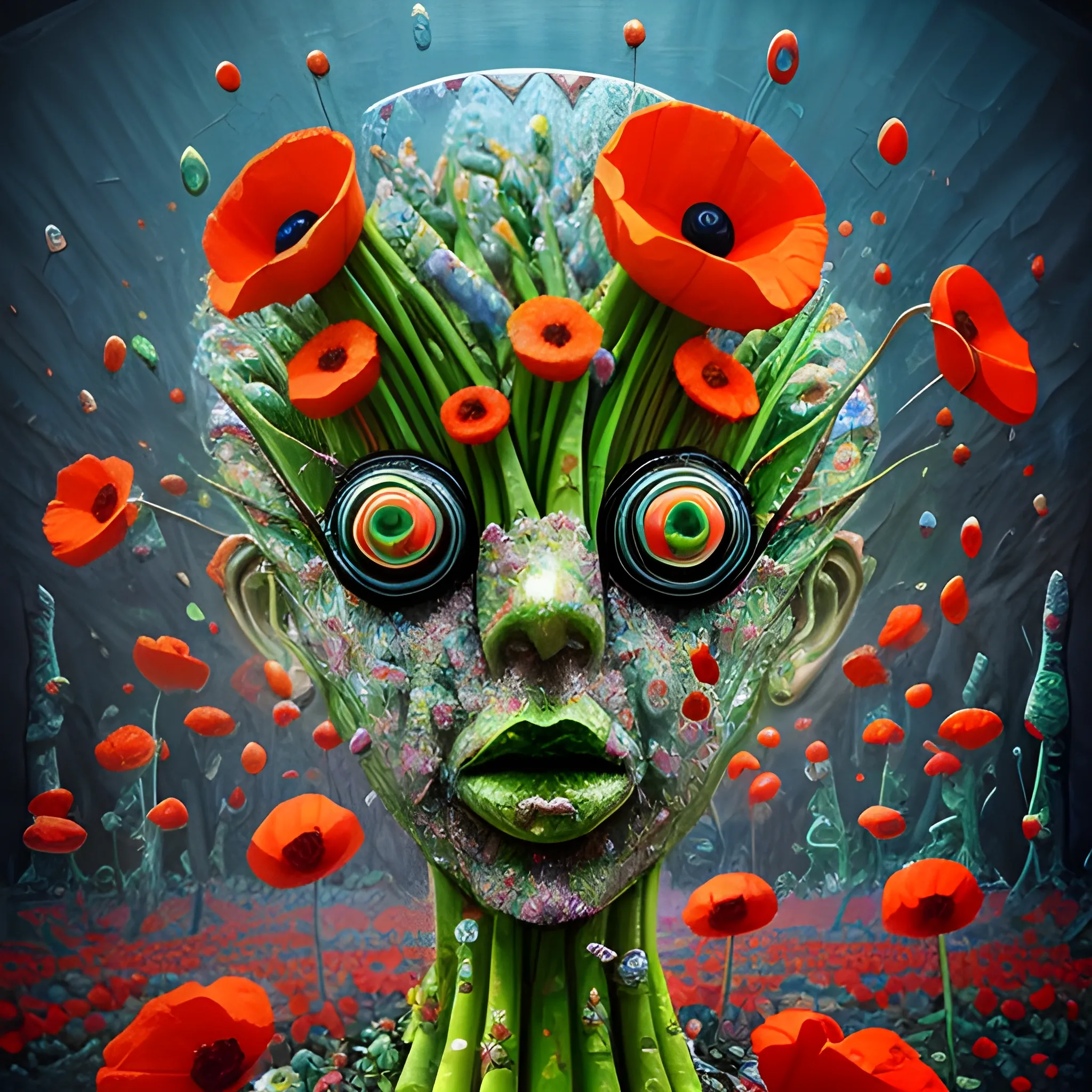 make a sculpture of many crystal crazy asparagus with human face, poppies around, many broken glass in the air, saturated colors
surrealism, chaotic background, 3D, Trippy,  eerie atmosphere, close up, Oil Painting, angular perspective 