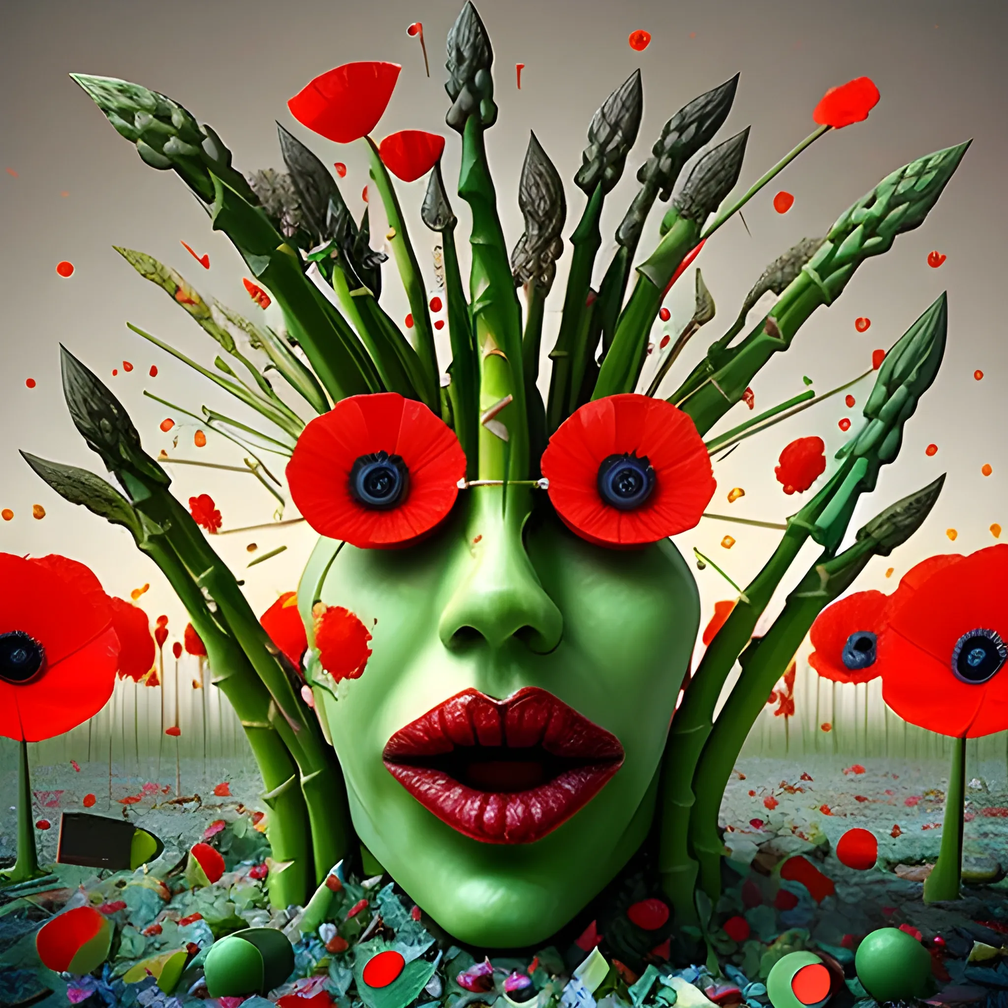 make a sculpture of many crystal crazy asparagus with human face, poppies around, many broken glass in the air, saturated colors
surrealism, chaotic background, 3D, Trippy,  eerie atmosphere, close up, Oil Painting, angular perspective 