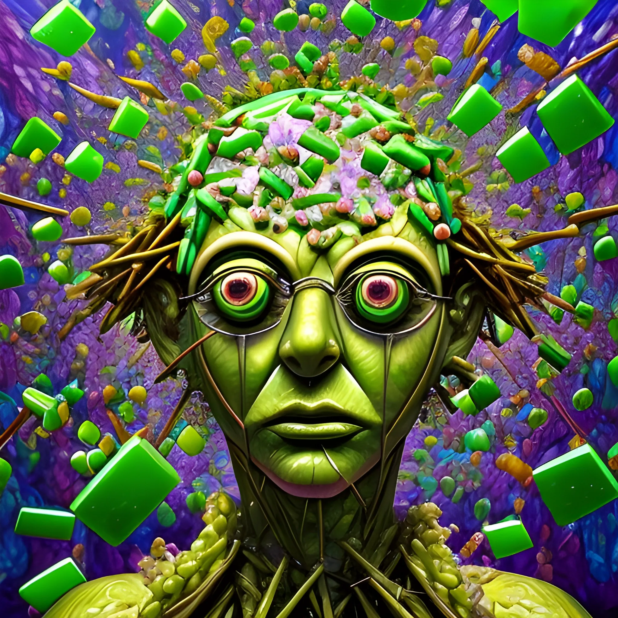 make a sculpture of many crystal crazy asparagus with human face, Brussels sprouts around, many broken glass in the air, saturated colors
surrealism, chaotic background, 3D, Trippy,  eerie atmosphere, close up, Oil Painting, angular perspective 