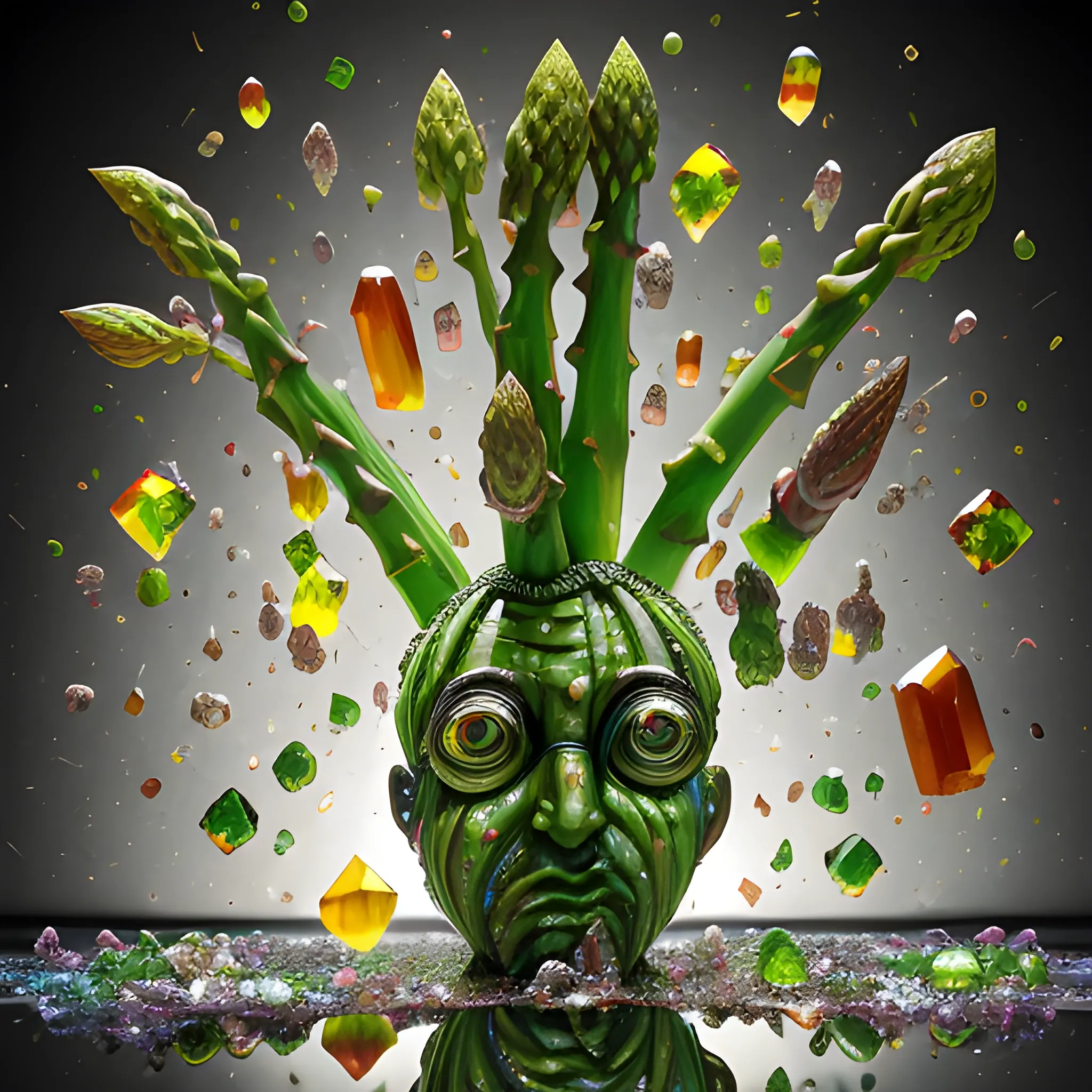 make a sculpture of many crystal crazy asparagus with human face, Brussels sprouts around, many broken glass in the air, saturated colors
surrealism, chaotic background, 3D, Trippy,  eerie atmosphere, close up, Oil Painting, angular perspective 