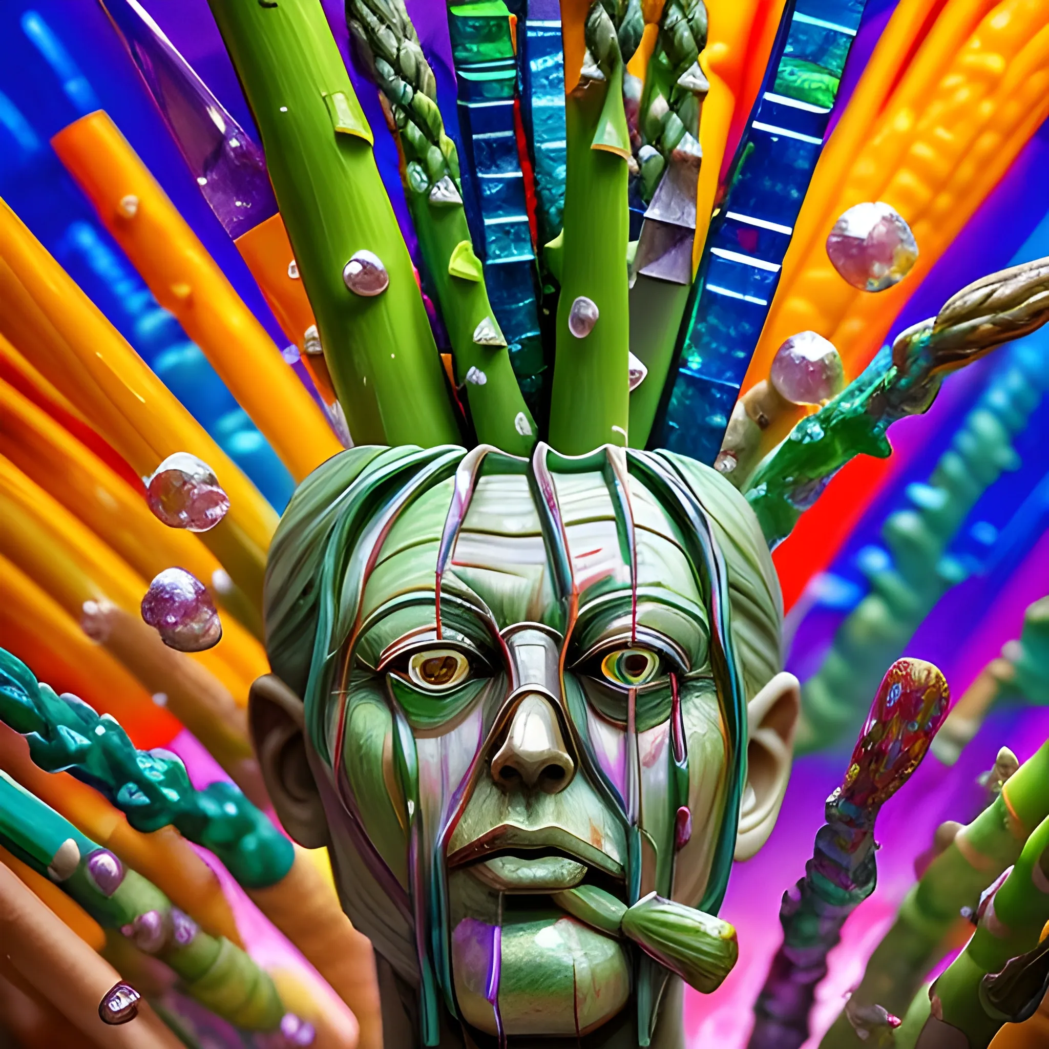 make a sculpture of many crystal crazy asparagus with human face, corns around, many broken glass in the air, saturated colors, surrealism, chaotic background, 3D, Trippy,  eerie atmosphere, close up, Oil Painting, angular perspective 