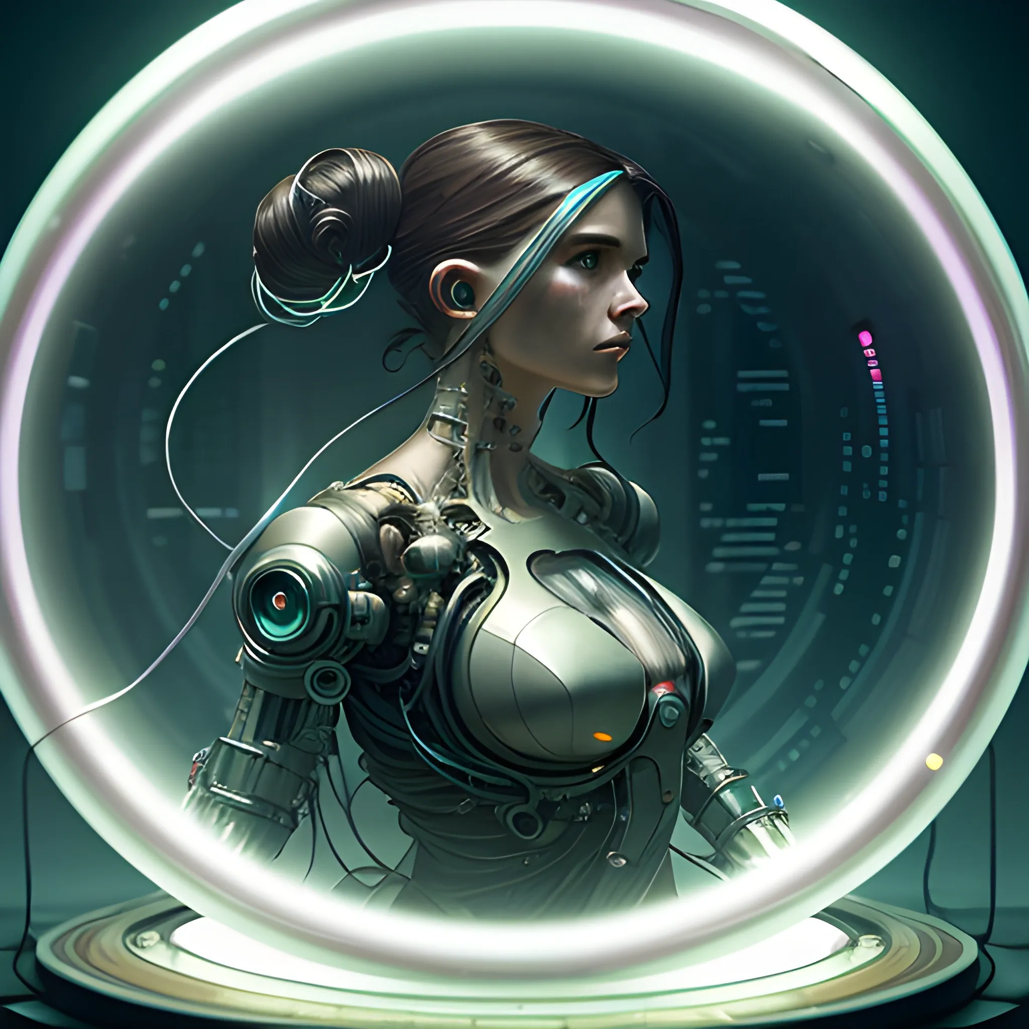 Ultra realistic full shot of a cyborg woman in a glass cylinder with electrical cables cables and mechanical arms that fix it., cyberpunk,sci-fi, fantasy,Kodak , soft light, volumetric lighting, ,night, fog ,smoke, intricate, elegant, highly detailed, digital painting, artstation, concept art, smooth, sharp focus, illustration,art by artgerm and greg rutkowski and alphonse mucha