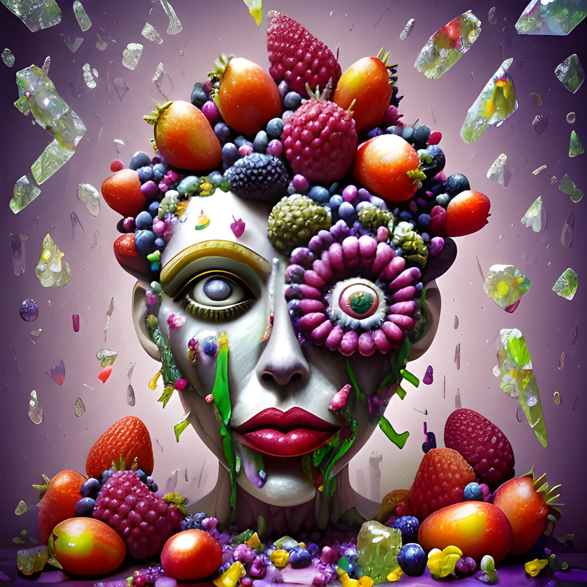 make a sculpture of many crystal crazy corns with human face, crystal blueberries, strawberries, loquats, raspberries around, many broken glass in the air, saturated colors, surrealism, chaotic background, 3D, Trippy,  eerie atmosphere, close up, Oil Painting, angular perspective 