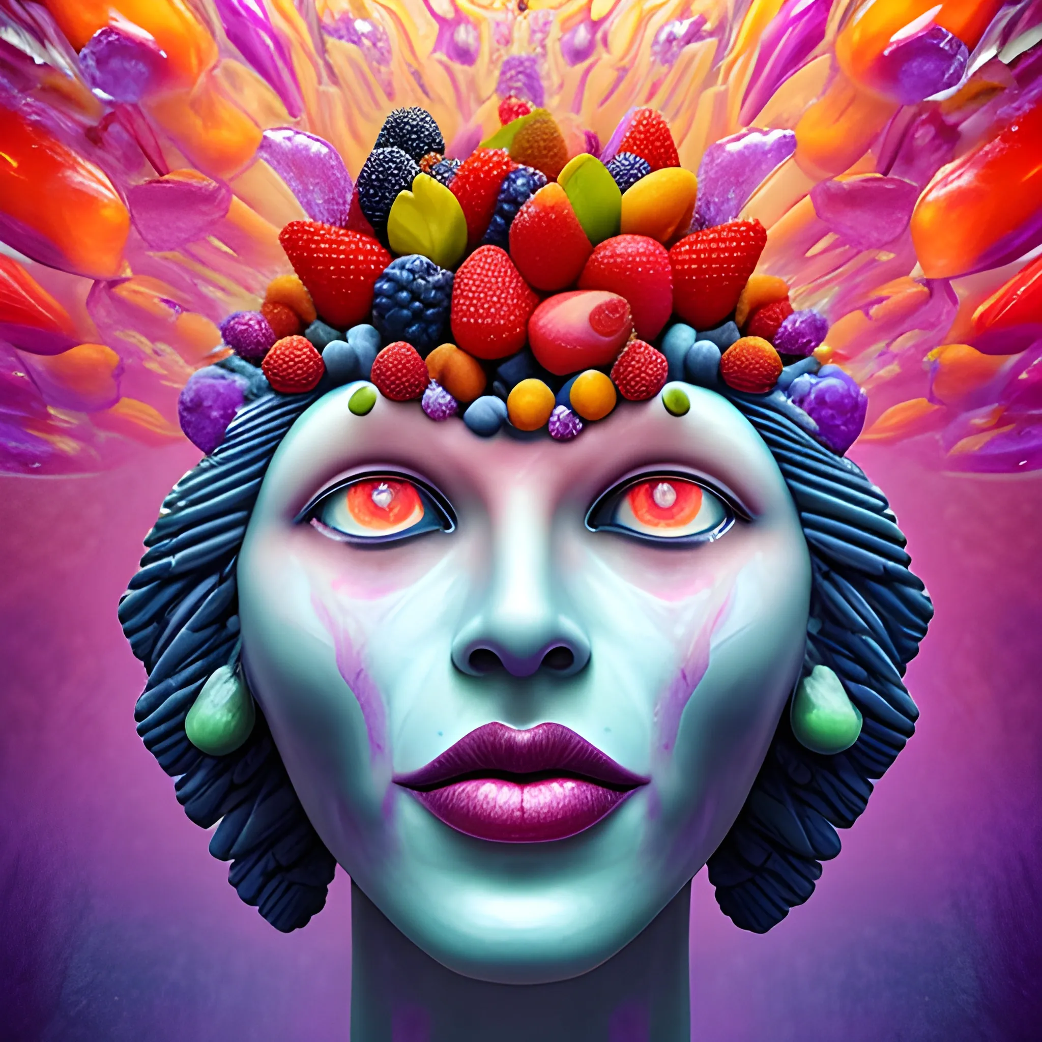 make a sculpture of many crystal crazy corns with human face, crystal blueberries, strawberries, loquats, raspberries around, many ice cubes in the air, saturated colors, surrealism, chaotic background, 3D, Trippy,  eerie atmosphere, close up, Oil Painting, aerial perspective 