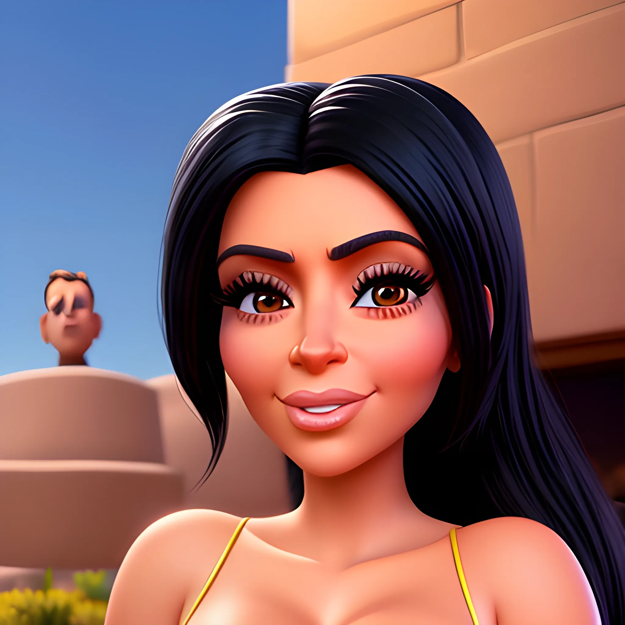 screenshot of kim kardashian in a pixar movie. 3 d rendering. unreal engine. amazing likeness. very detailed. cartoon caricature.