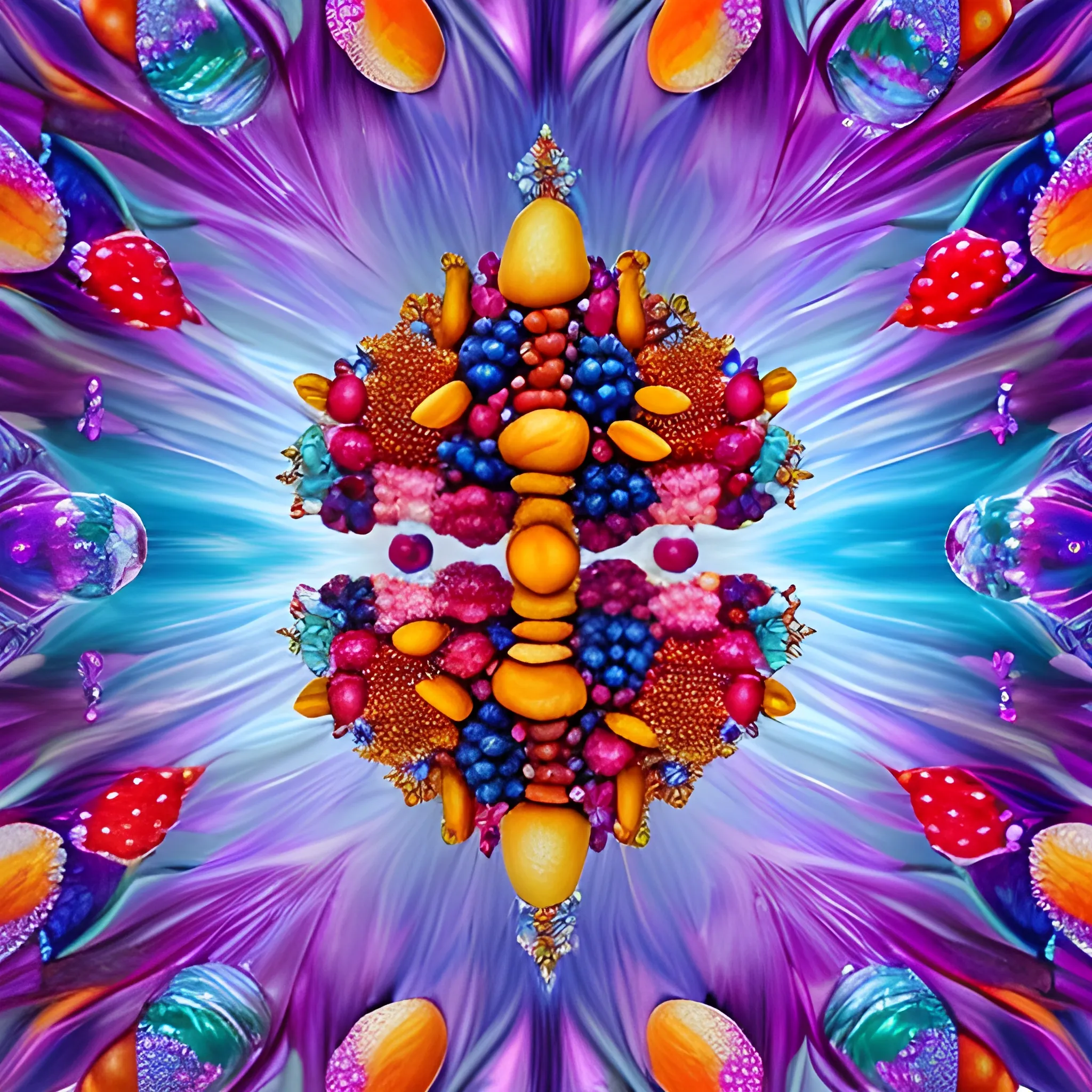 make a crystal sculpture of many crystal crazy maize, with human face, crystal blueberries, strawberries, loquats, raspberries around, many ice cubes in the air, saturated colors, surrealism, chaotic background, 3D, Trippy,  eerie atmosphere, close up, Oil Painting, aerial perspective 