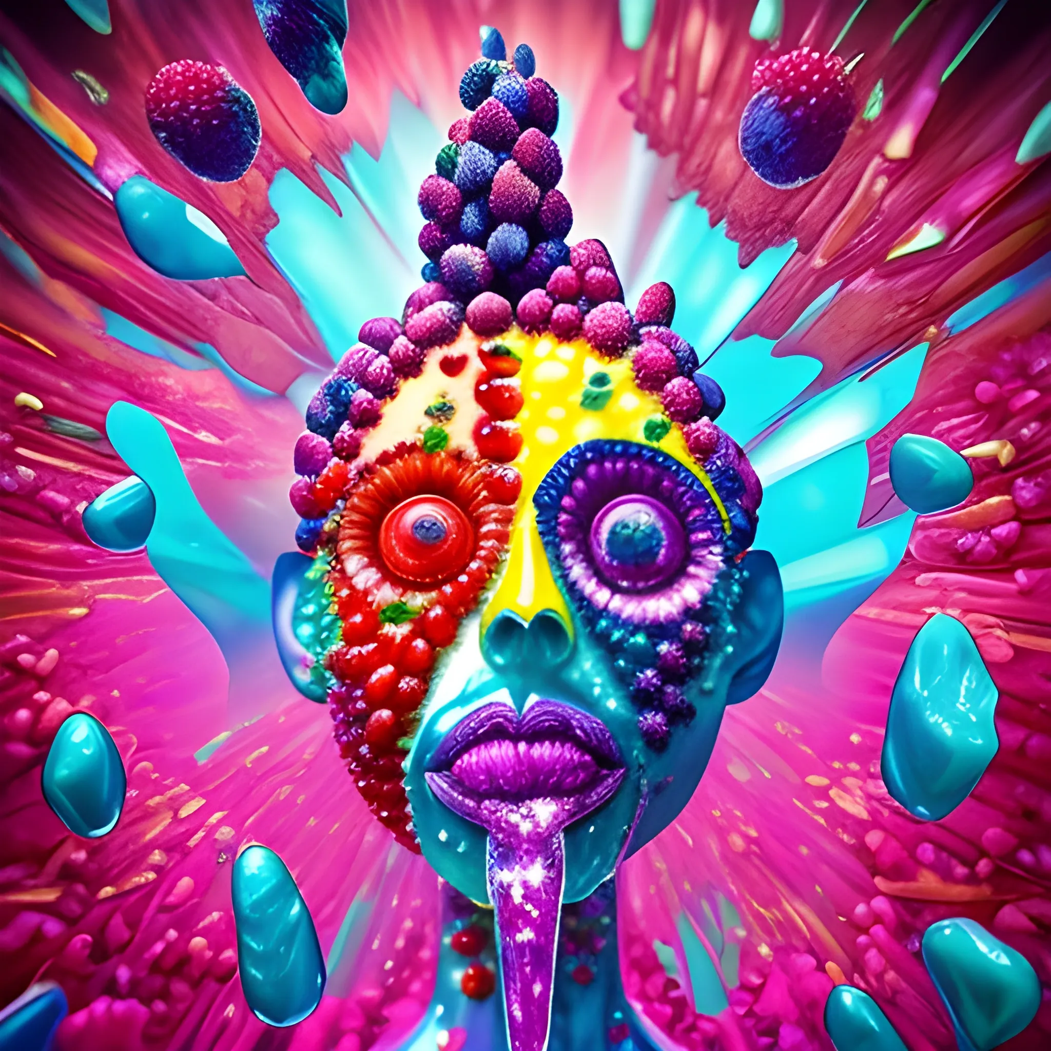 make a crystal sculpture of many crystal crazy maize with human face, crystal blueberries, strawberries, loquats, raspberries around, many ice cubes in the air, saturated colors, surrealism, chaotic background, 3D, Trippy,  eerie atmosphere, close up, Oil Painting, aerial perspective 