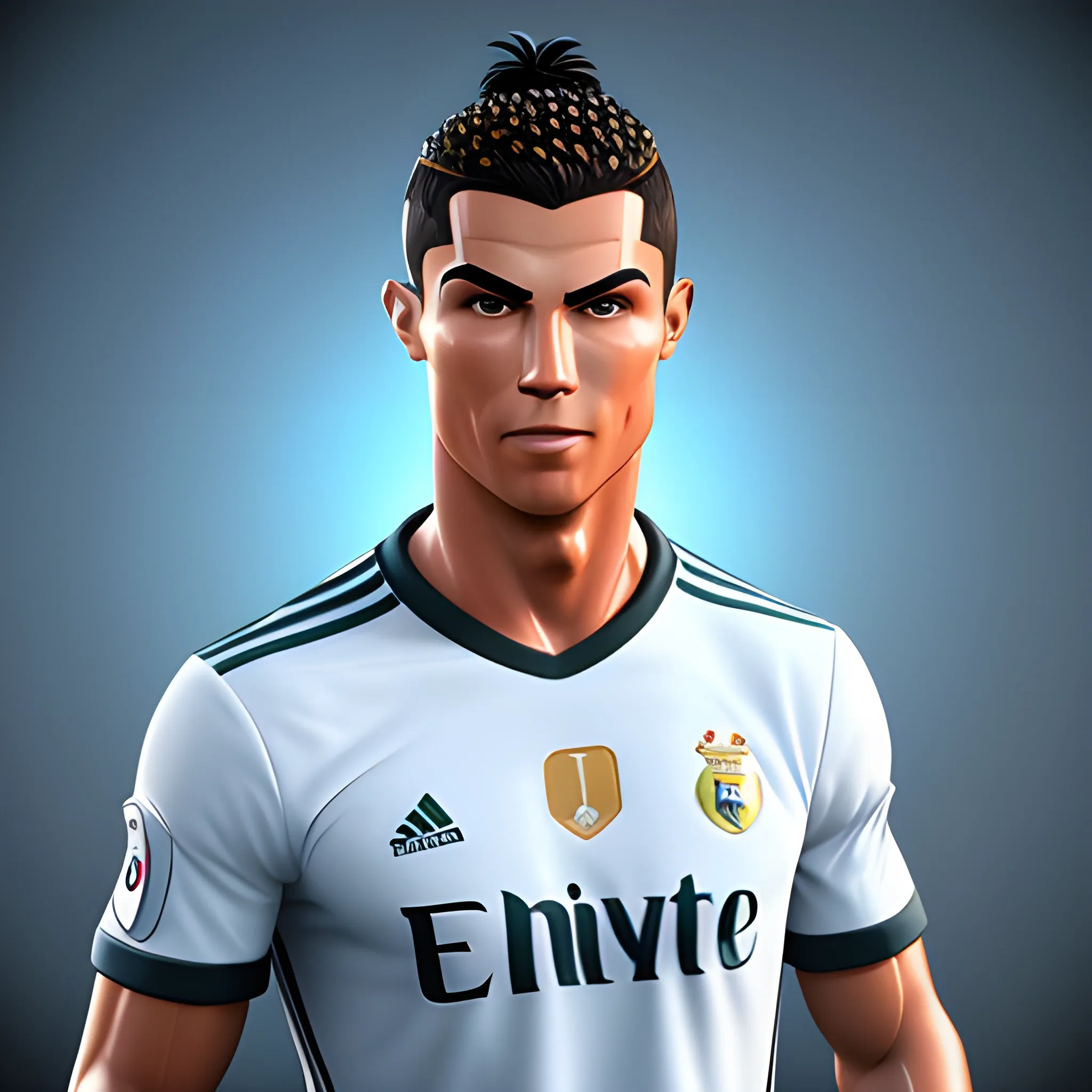 3D render of Cristiano Ronaldo with his arms crossed looking straight into the camera. He looks plastic. his face is clear and he is in the artstyle of fortnite. half body shot. 3D , 3D, Cartoon