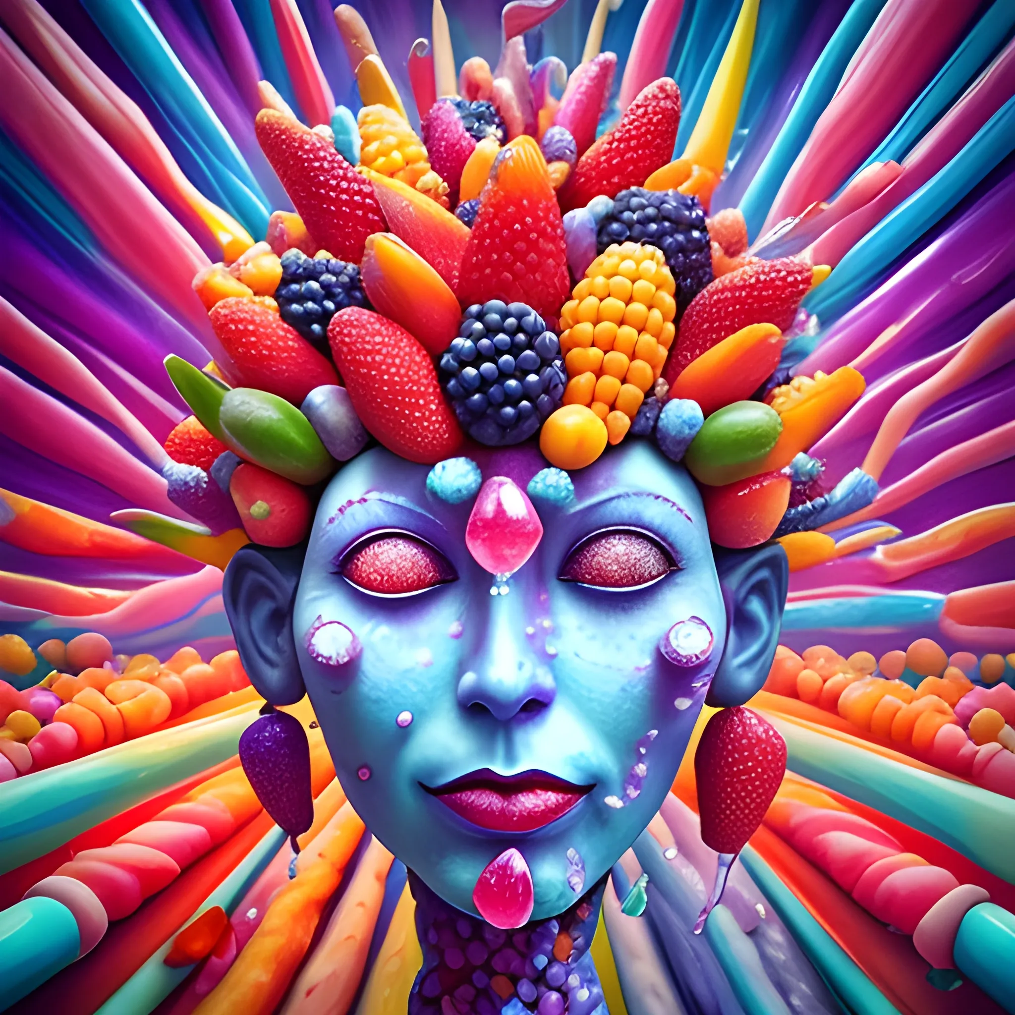 make a sculpture of a crystal crazy corn with human face, crystal blueberries, strawberries, loquats, raspberries around, many ice cubes in the air, saturated colors, surrealism, chaotic background, 3D, Trippy,  eerie atmosphere, close up, Oil Painting, aerial perspective 