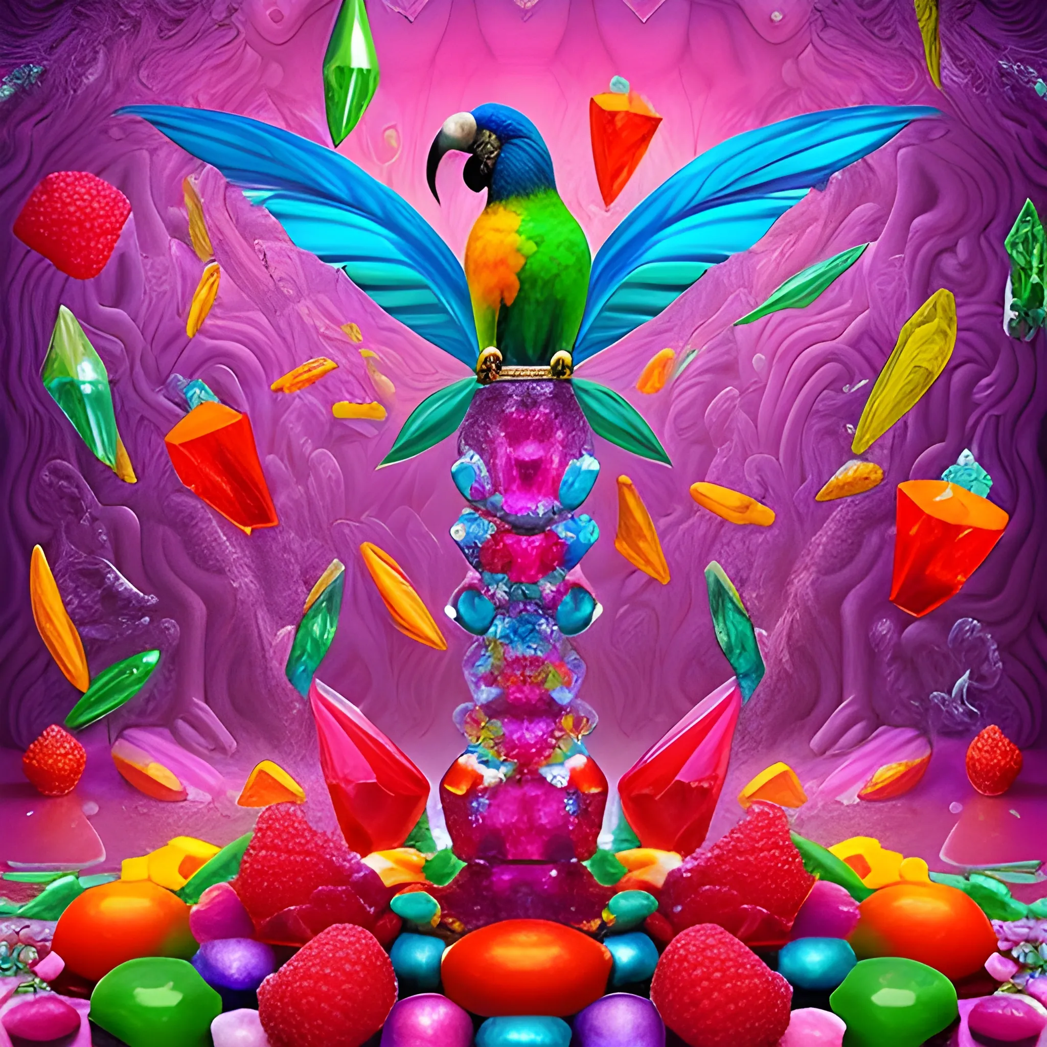 make a crystal sculpture of many crystal crazy raspberries with human face, crystal birds of paradise and  parrots around, many ice cubes  in the air, many plans of Amazon Rainforest, saturated colors, surrealism, chaotic background, 3D, Trippy,  eerie atmosphere, close up, Oil Painting, wide dynamic range 
