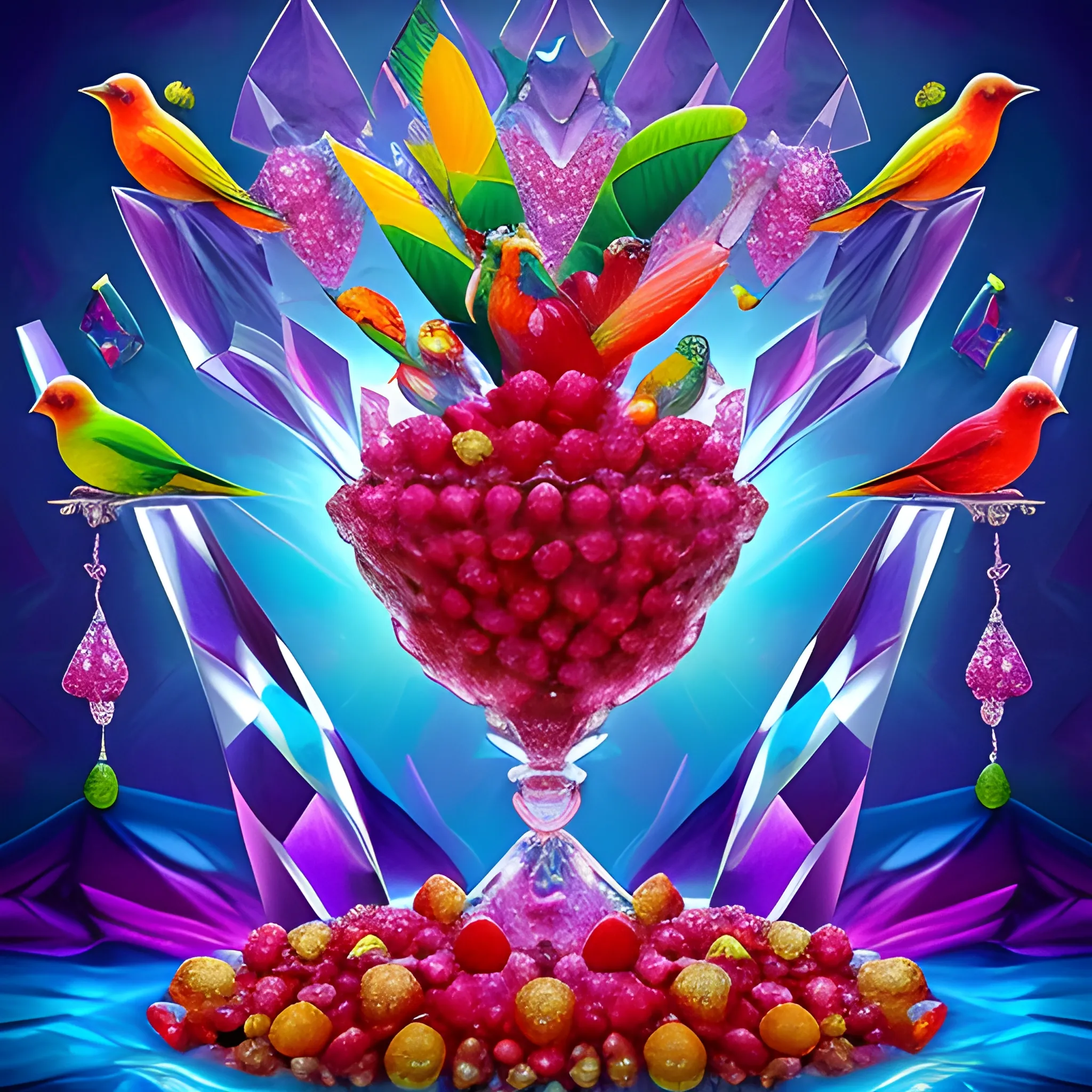 make a crystal sculpture of many crystal crazy raspberries with human face, crystal birds of paradise and  parrots around, many ice cubes  in the air, many plans of Amazon Rainforest, saturated colors, surrealism, chaotic background, 3D, Trippy,  eerie atmosphere, close up, Oil Painting, wide dynamic range, wide-angle view  
