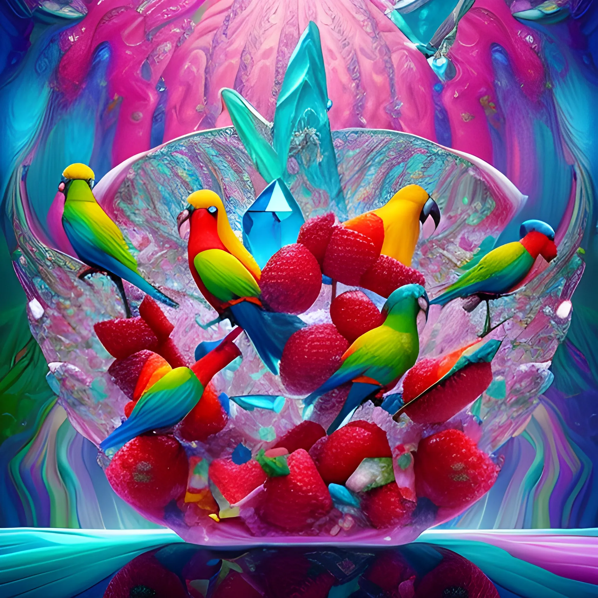 make a  sculpture of many crystal crazy raspberries with human face, crystal birds of paradise and  parrots around, many ice cubes  in the air, many plans of Amazon Rainforest, saturated colors, surrealism, chaotic background, 3D, Trippy,  eerie atmosphere, close up, Oil Painting, wide dynamic range, wide-angle view  