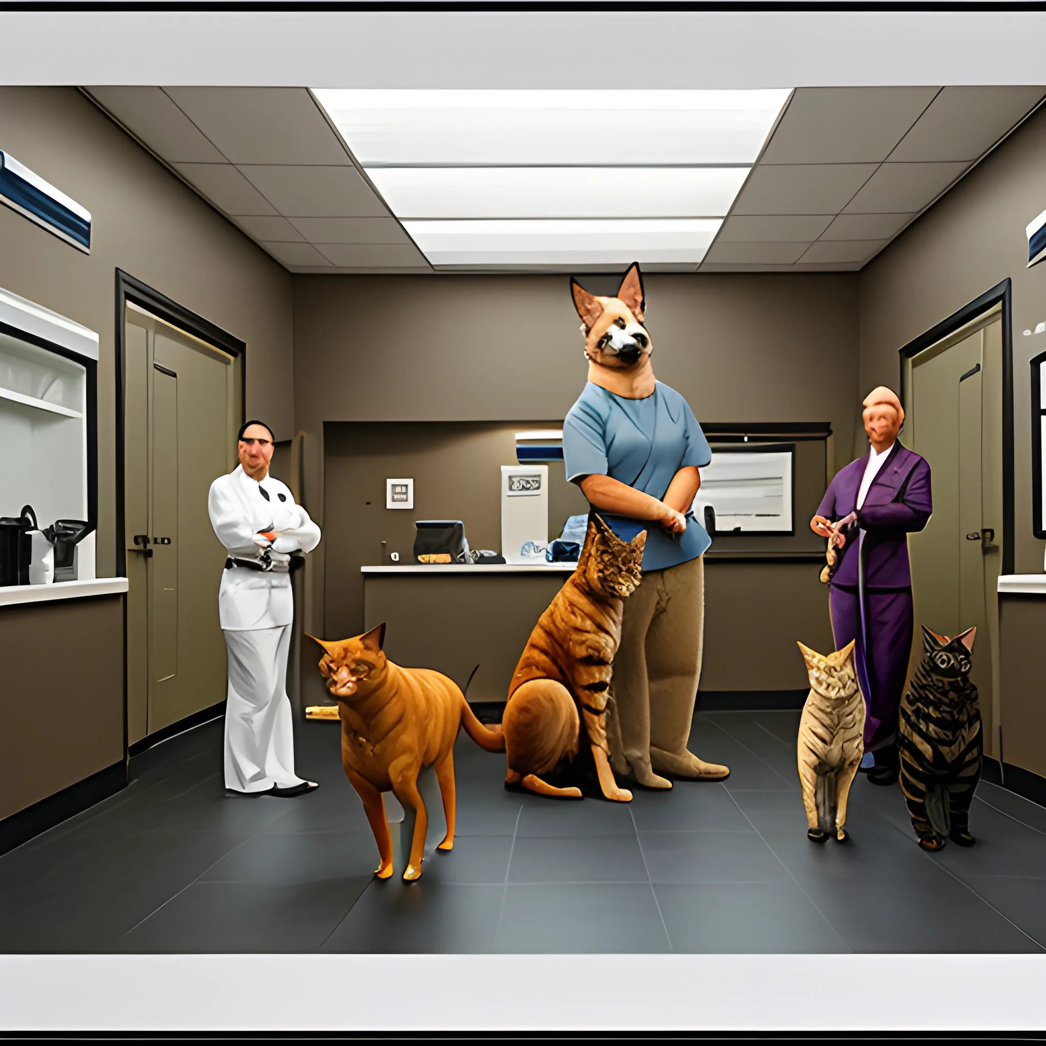 a group of small animals at the vet, various dogs and cats, realistic photography, a vet