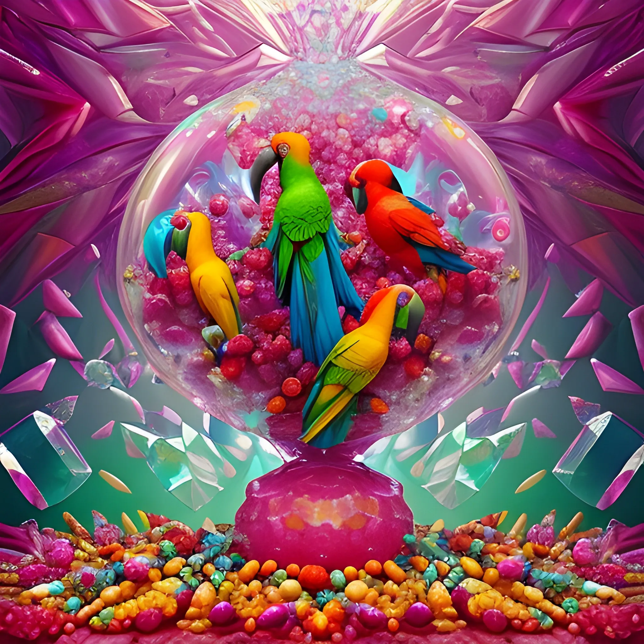 make a  sculpture of many crystal crazy raspberries with human face, crystal birds of paradise and  parrots around, many ice cubes  in the air, many plans of Amazon Rainforest, saturated colors, surrealism, chaotic background, 3D, Trippy,  eerie atmosphere, close up, Oil Painting, wide dynamic range, wide-angle view  