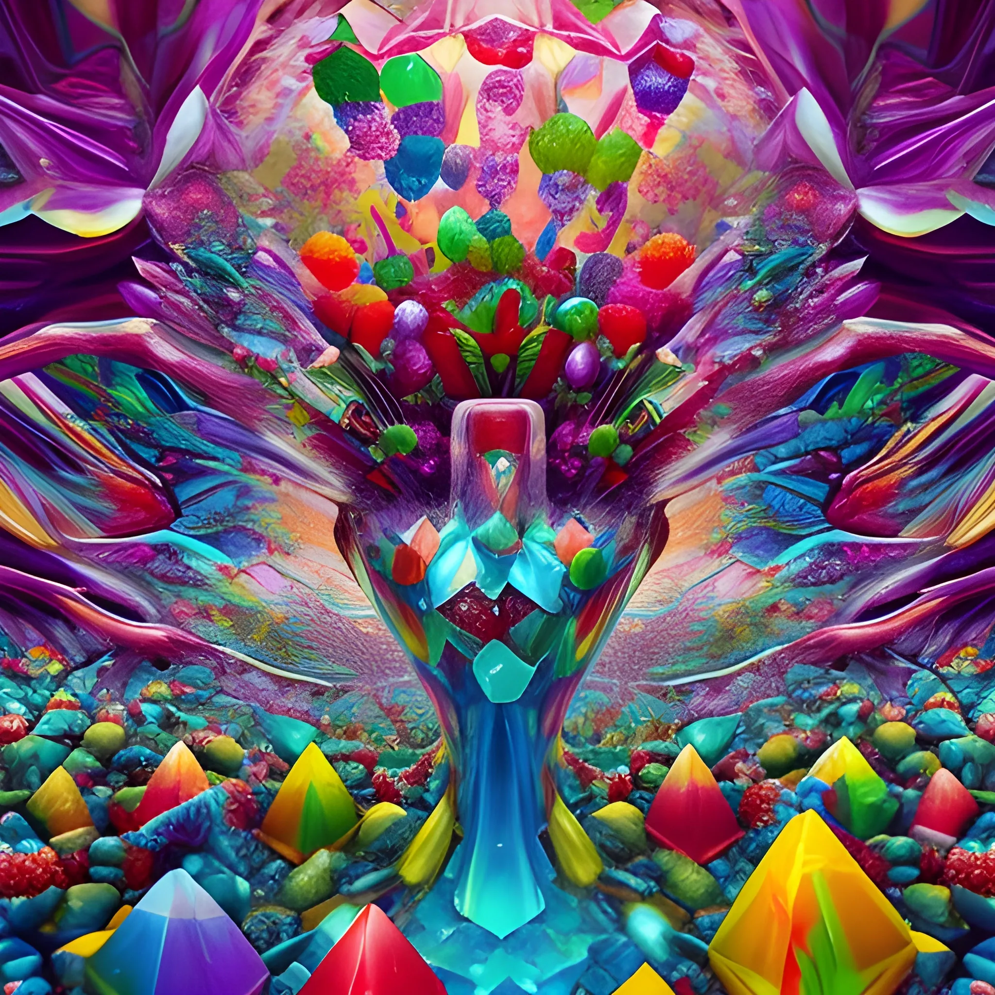 many crystal crazy raspberries with human face, crystal birds of paradise and  parrots around, many ice cubes  in the air, many plans of Amazon Rainforest, saturated colors, surrealism, chaotic background, 3D, Trippy,  eerie atmosphere, close up, Oil Painting, wide dynamic range, wide-angle view  