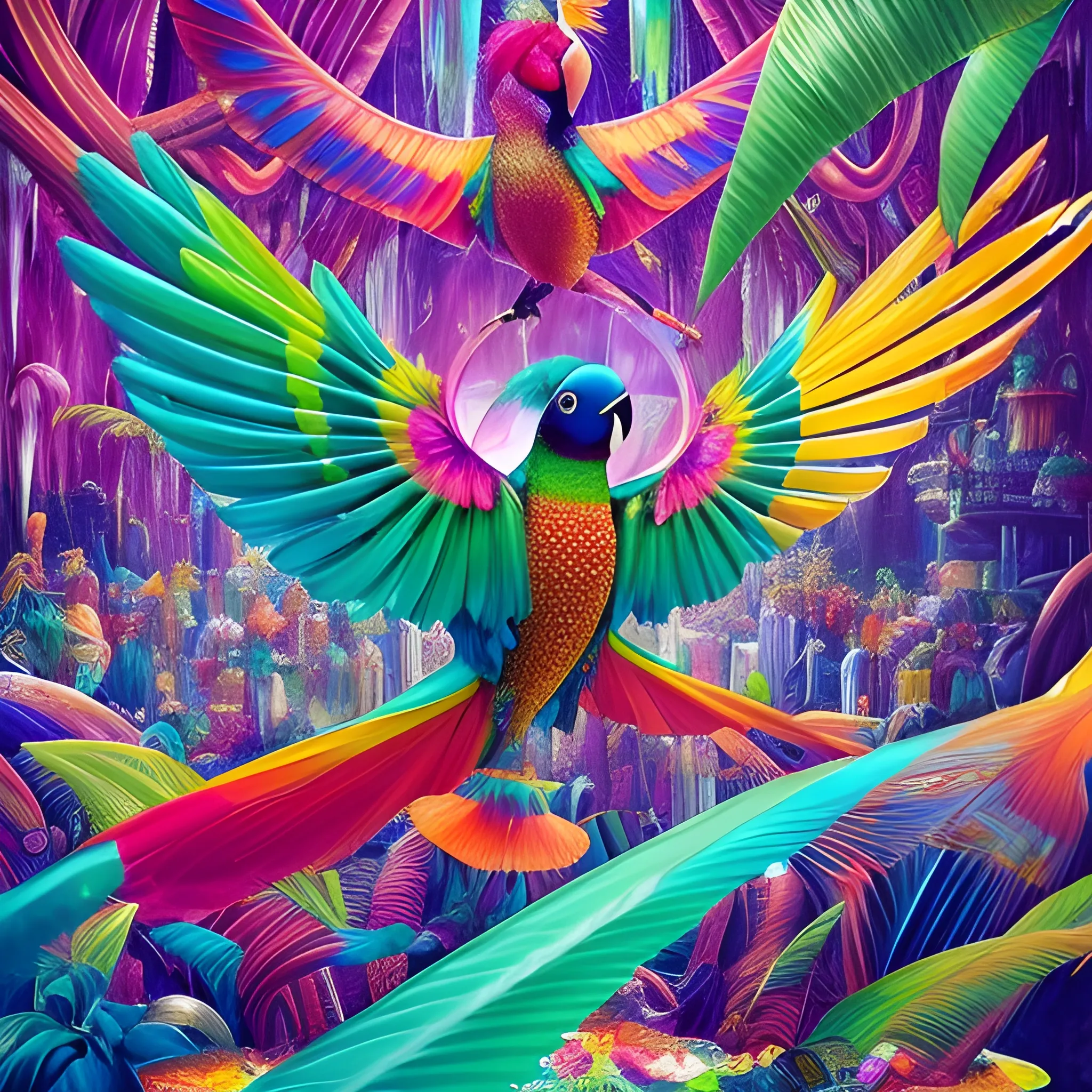 many crystal crazy birds of paradise with human face, crystal parrots around, many ice cubes  in the air, many plans of Amazon Rainforest, saturated colors, surrealism, chaotic background, 3D, Trippy,  eerie atmosphere, close up, Oil Painting, high level of detail, wide dynamic range, macro photography,  wide-angle view  