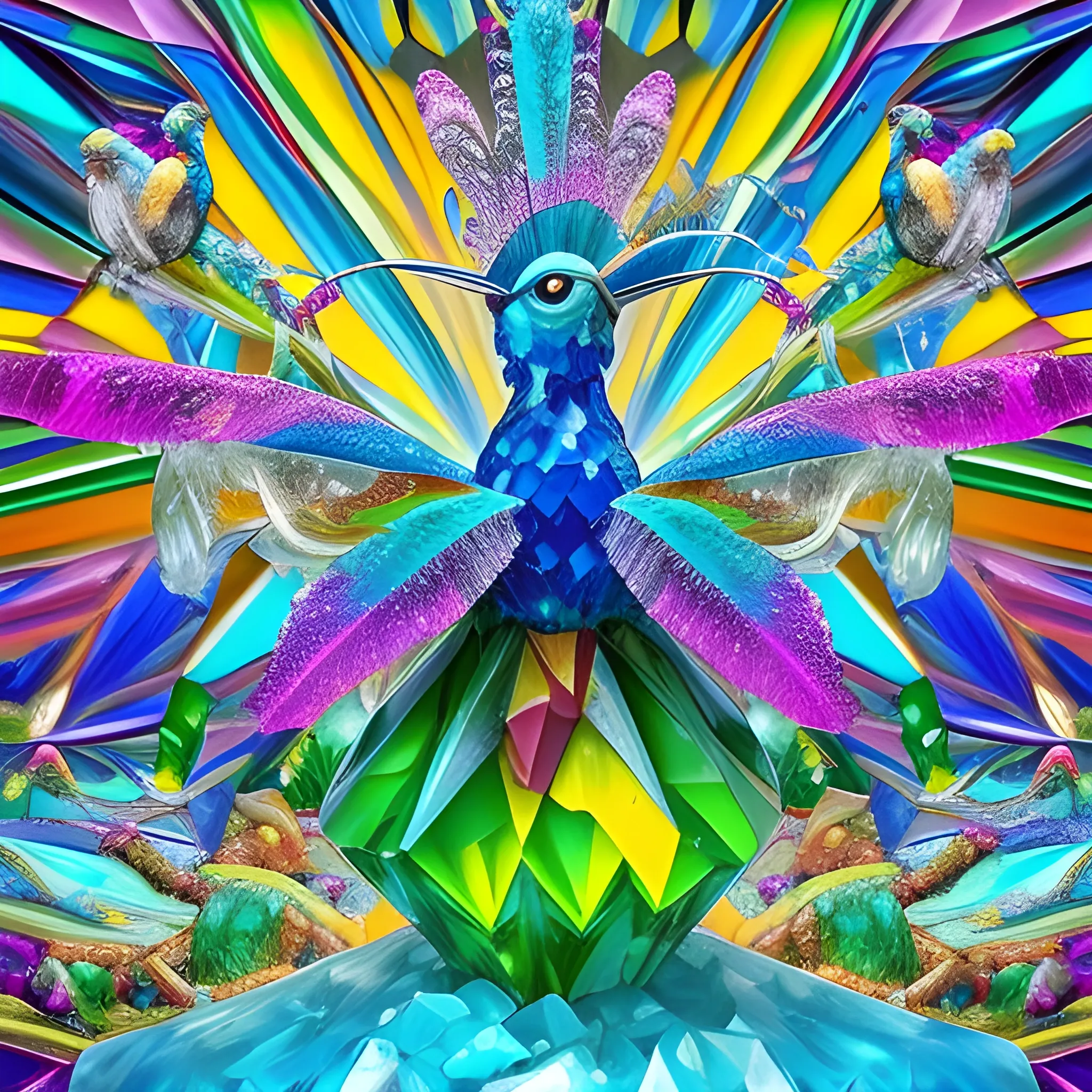 make a crystal sculpture of many crystal crazy birds of paradise with human face, crystal parrots around, many ice cubes  in the air, many plans of Amazon Rainforest, saturated colors, surrealism, chaotic background, 3D, Trippy,  eerie atmosphere, close up, Oil Painting, high level of detail, wide dynamic range, macro photography,  wide-angle view  