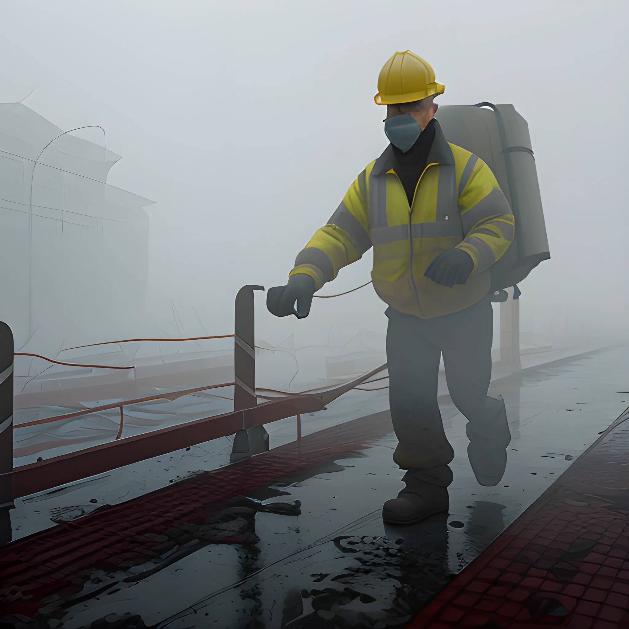A worker struggling to navigate through thick fog, showcasing the difficulty of managing safety in a hazardous environment. very detailed image, 3D