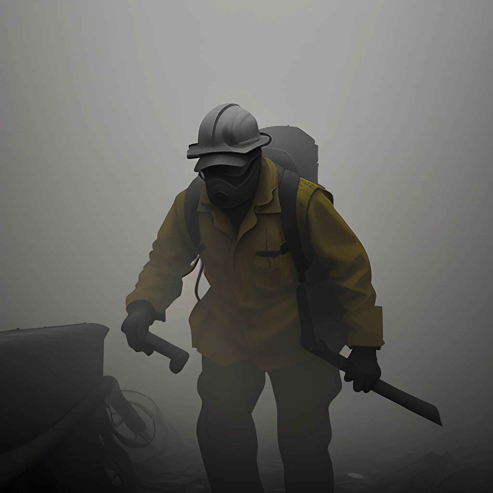 Illustrate a worker navigating through thick fog on a hazardous path. Convey the struggle and difficulty of managing safety in this environment. Use subdued tones of grays and yellows to evoke a sense of danger and urgency.
