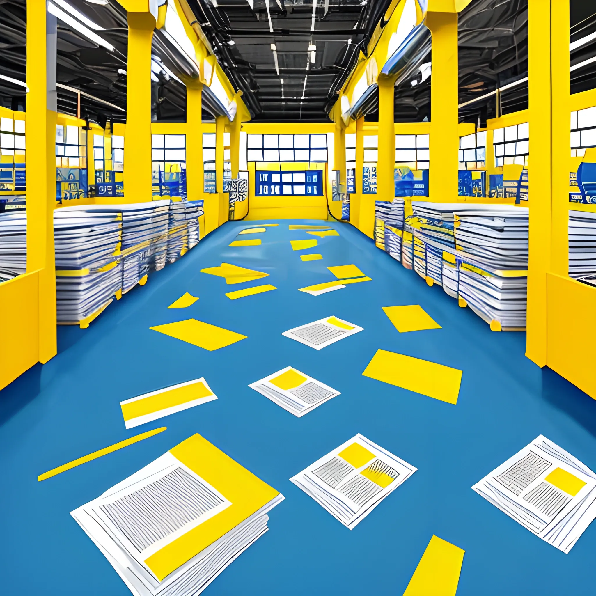 Illustrate a traditional factory floor filled with stacks of paperwork and confused workers, contrasted with a vibrant, organized digital platform where workers are smiling and efficiently managing processes. Use a playful color palette with bright blues and energetic yellows to signify the shift from chaos to order.
