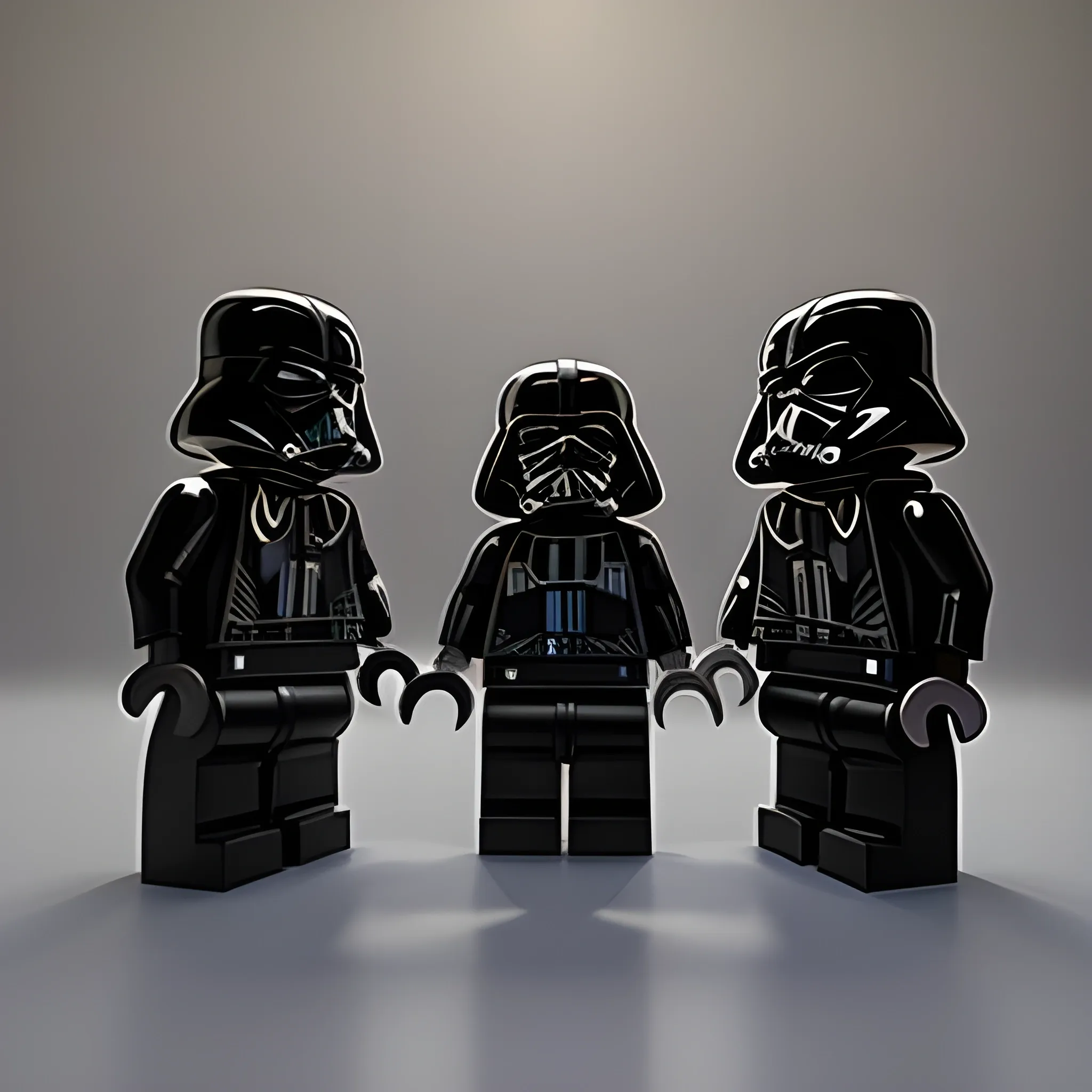 Escena de bloques de lego que simulan un momento de Starwars. Bloques de 1x1 apilados en formación. Adelante una figura de 3 bloques negros de 1x1, y detrás de ésta 5 filas de 5 figuras cada una compuestas por 3 bloques blancos de 1x1. Cielo negro con estrellas de fondo. Estilo starwars.