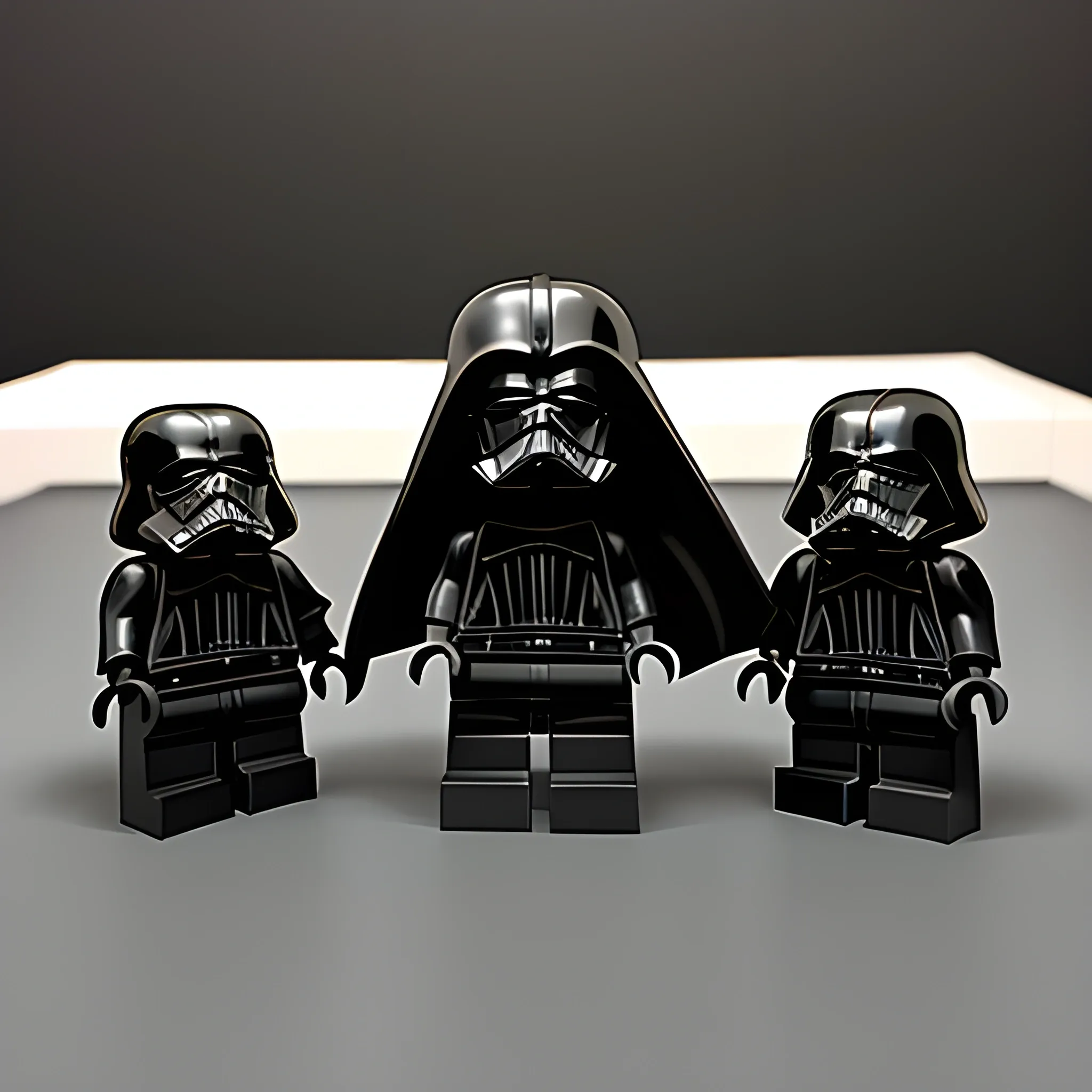 Escena de bloques de lego que simulan un momento de Starwars. Bloques de 1x1 apilados en formación. Adelante una figura de 3 bloques negros de 1x1, y detrás de ésta 5 filas de 5 figuras cada una compuestas por 3 bloques blancos de 1x1. Cielo negro con estrellas de fondo. Estilo starwars.