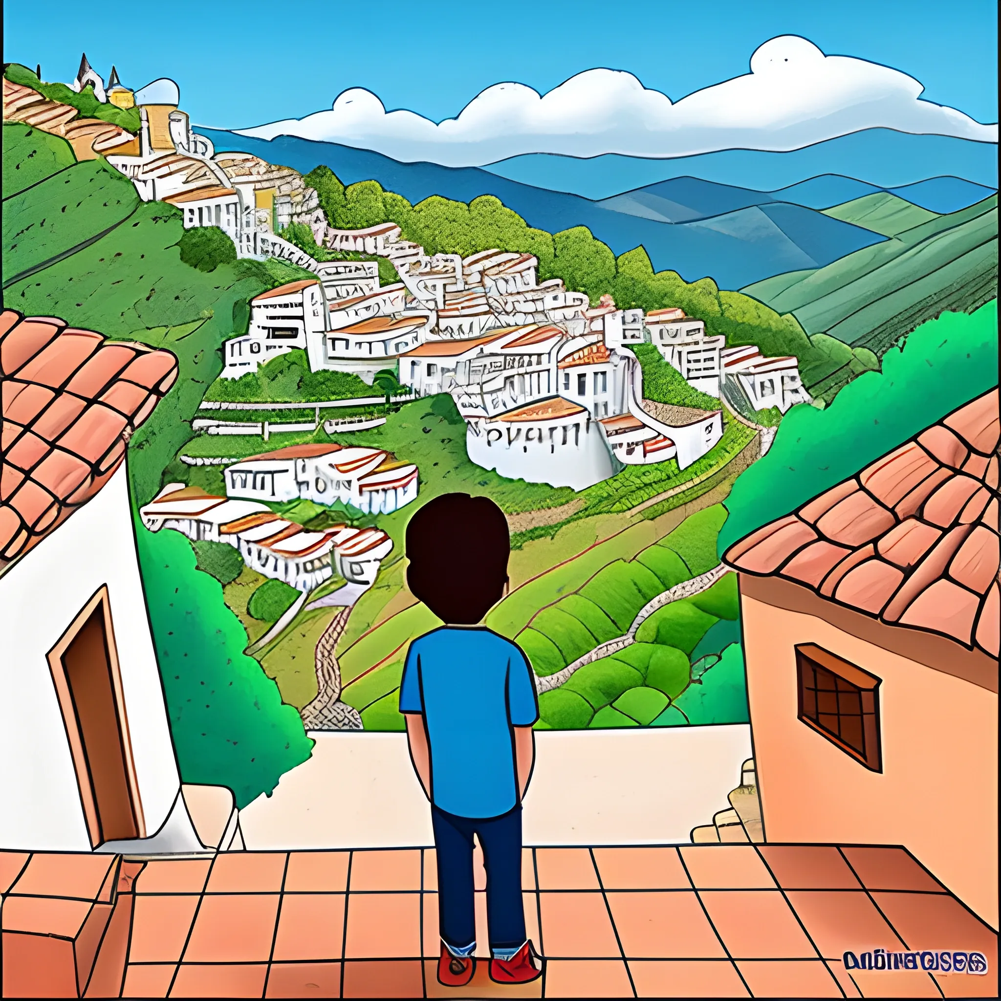 un chico moreno mirando un un pueblo en las montañas, Cartoon