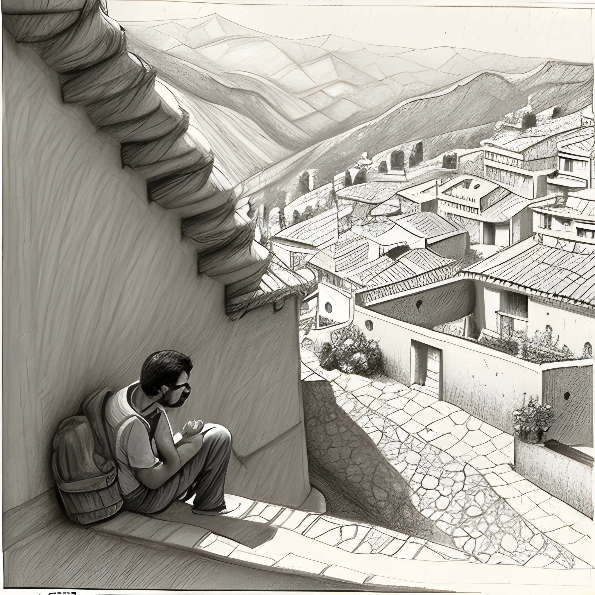 un chico moreno mirando un un pueblo en las montañas, Pencil Sketch