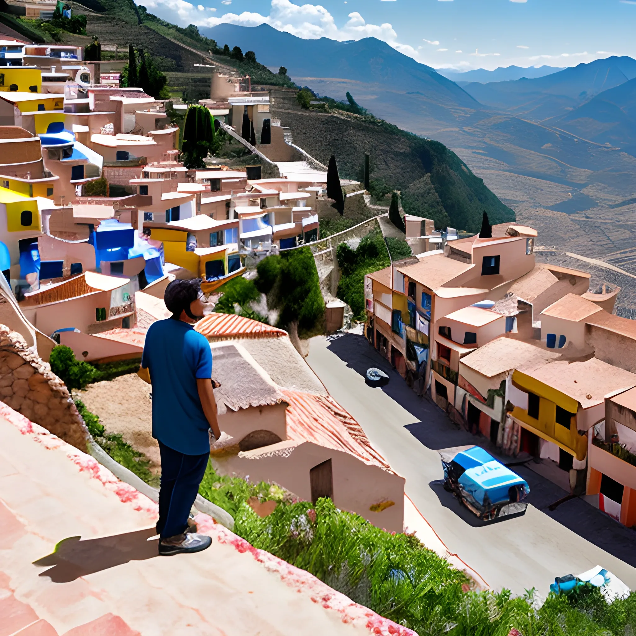 un chico moreno mirando un un pueblo en las montañas , Trippy