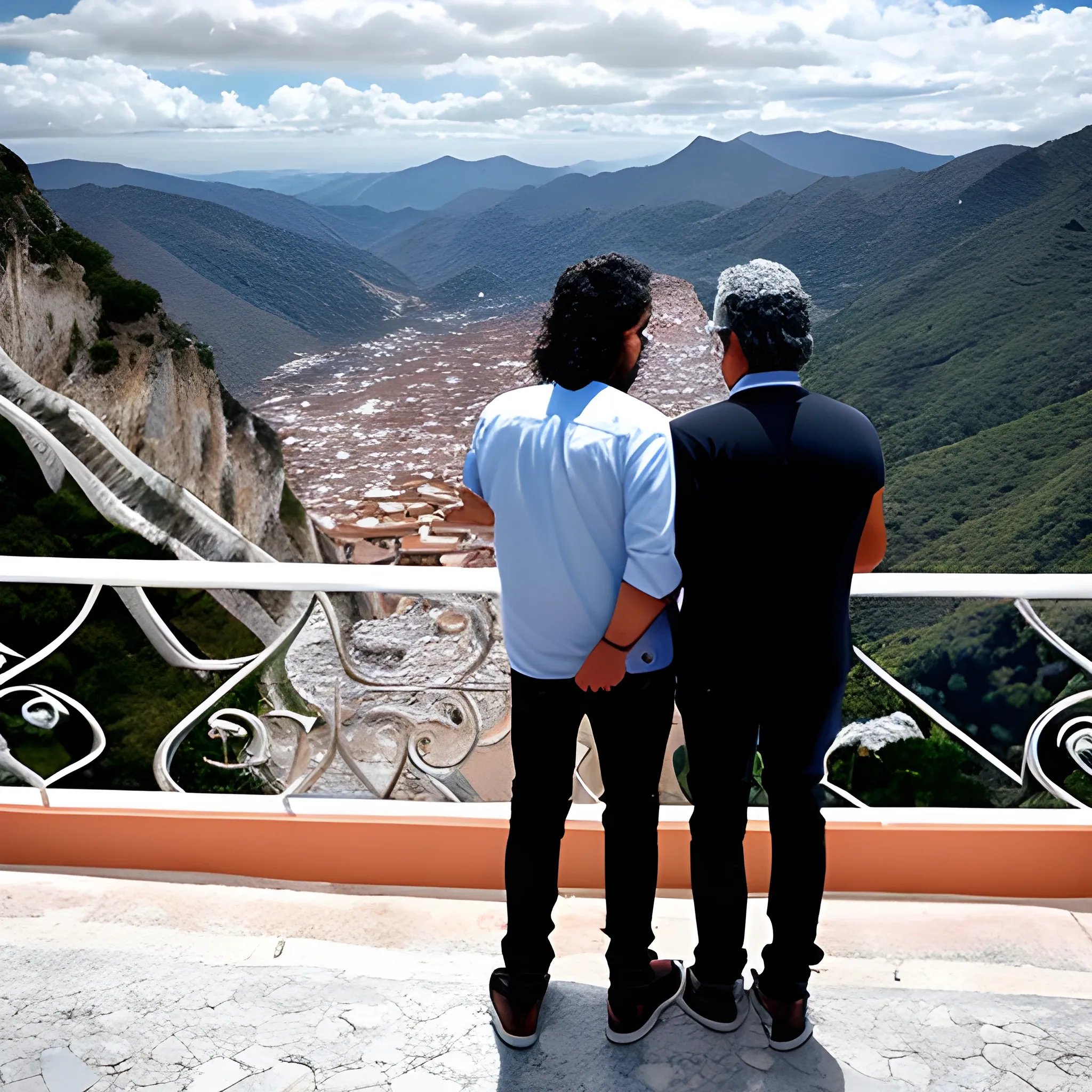 un chico moreno, cabello negro y rizado junto a su novio blanco de cabello azul y alto mirando un un pueblo en las montañas , Trippy