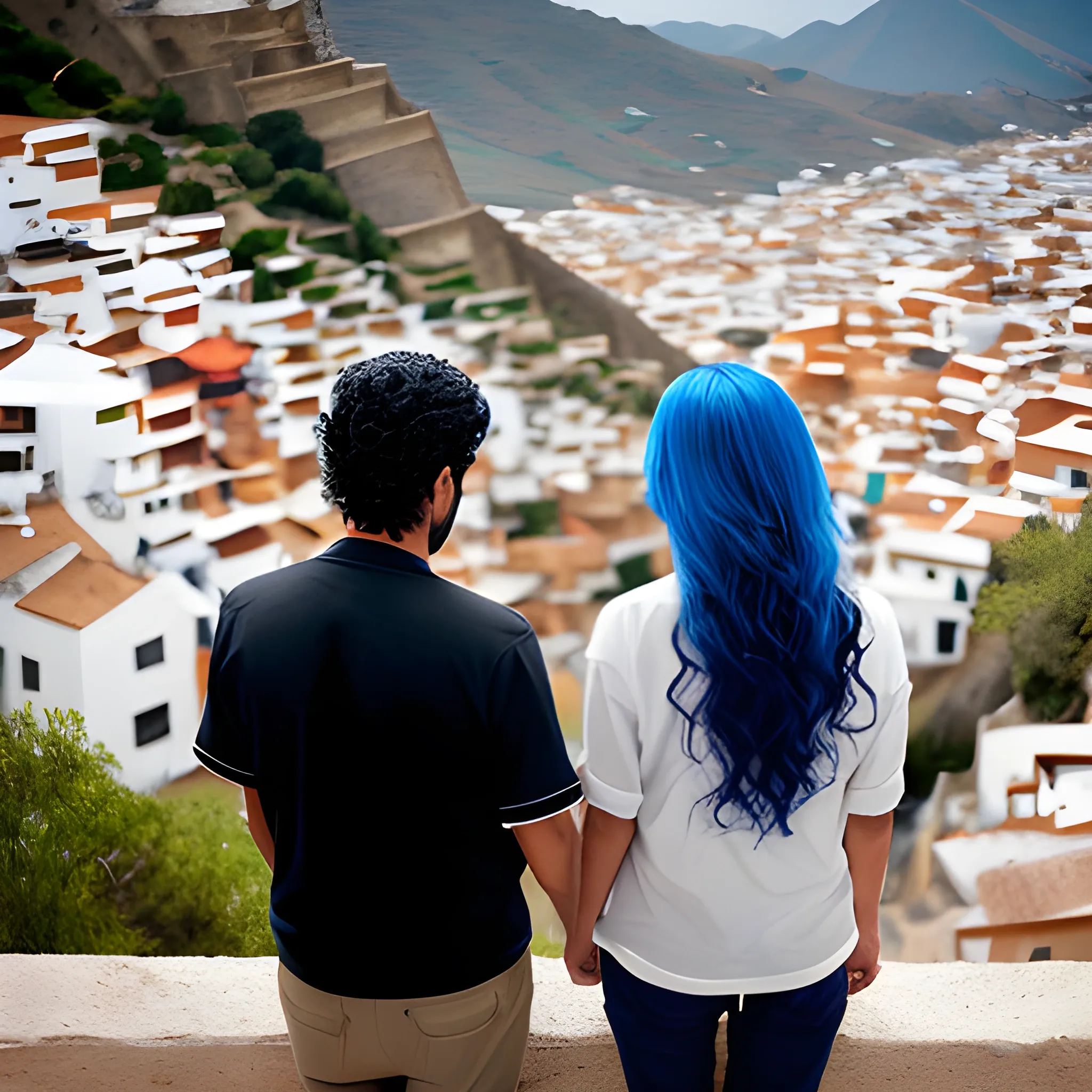 un chico adolecente moreno, cabello negro y rizado junto a su novio blanco de cabello azul y alto mirando un un pueblo en las montañas , Trippy