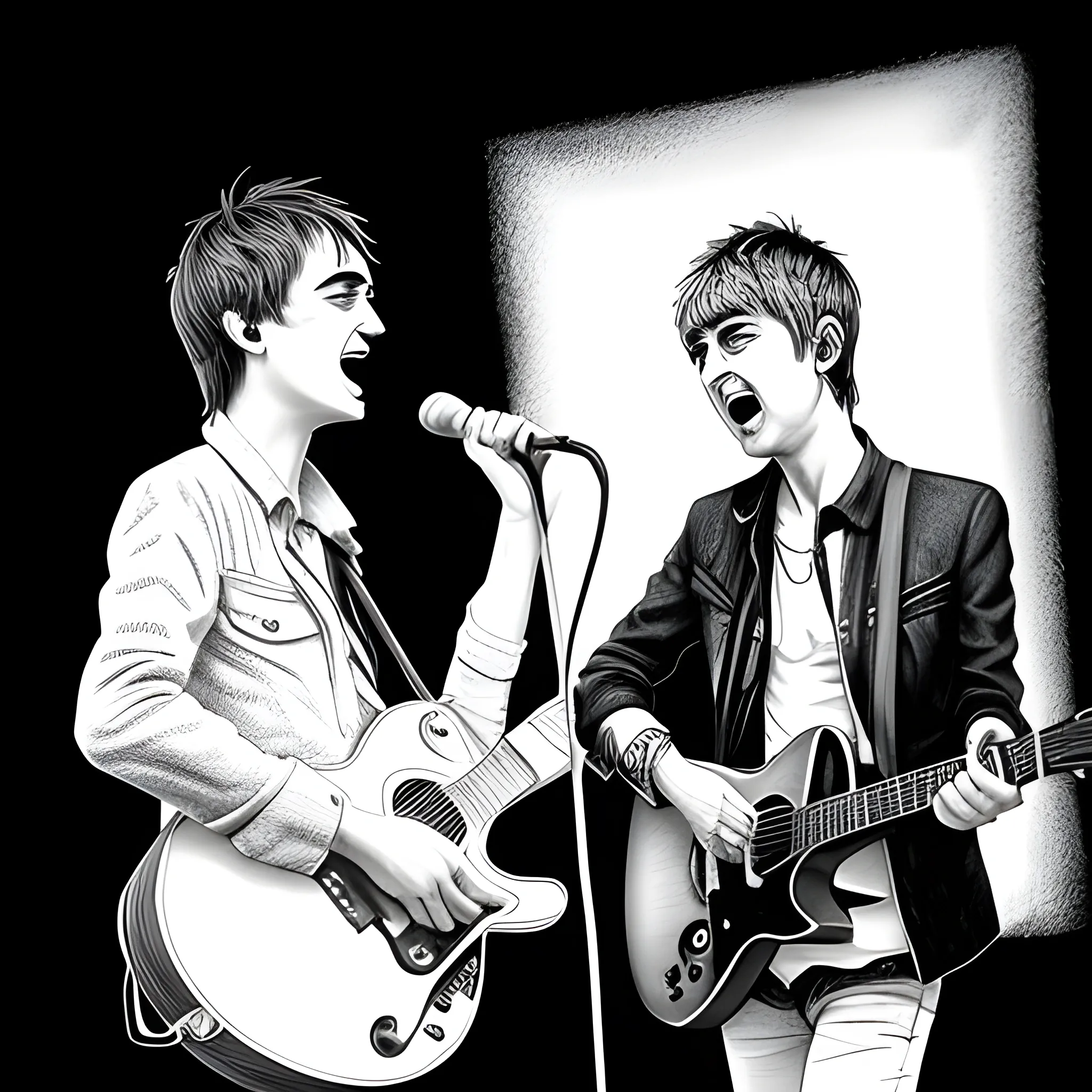 pencil sketch pete doherty with noel gallagher  singing in agada da vida