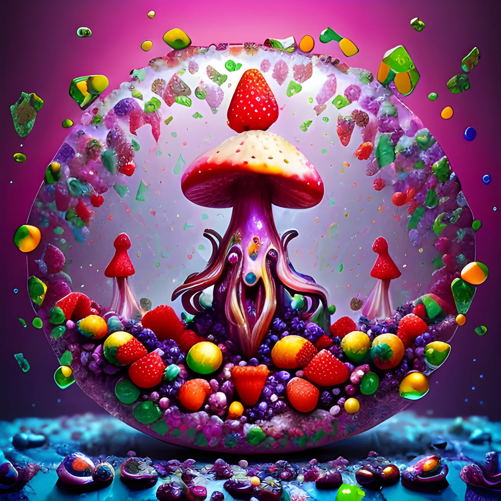 make a sculpture of many crystal crazy mushrooms with human face, crystal blueberries, strawberries, loquats, raspberries around, many broken glass in the air, saturated colors, surrealism, chaotic background, 3D, Trippy,  eerie atmosphere, close up, Oil Painting, angular perspective 