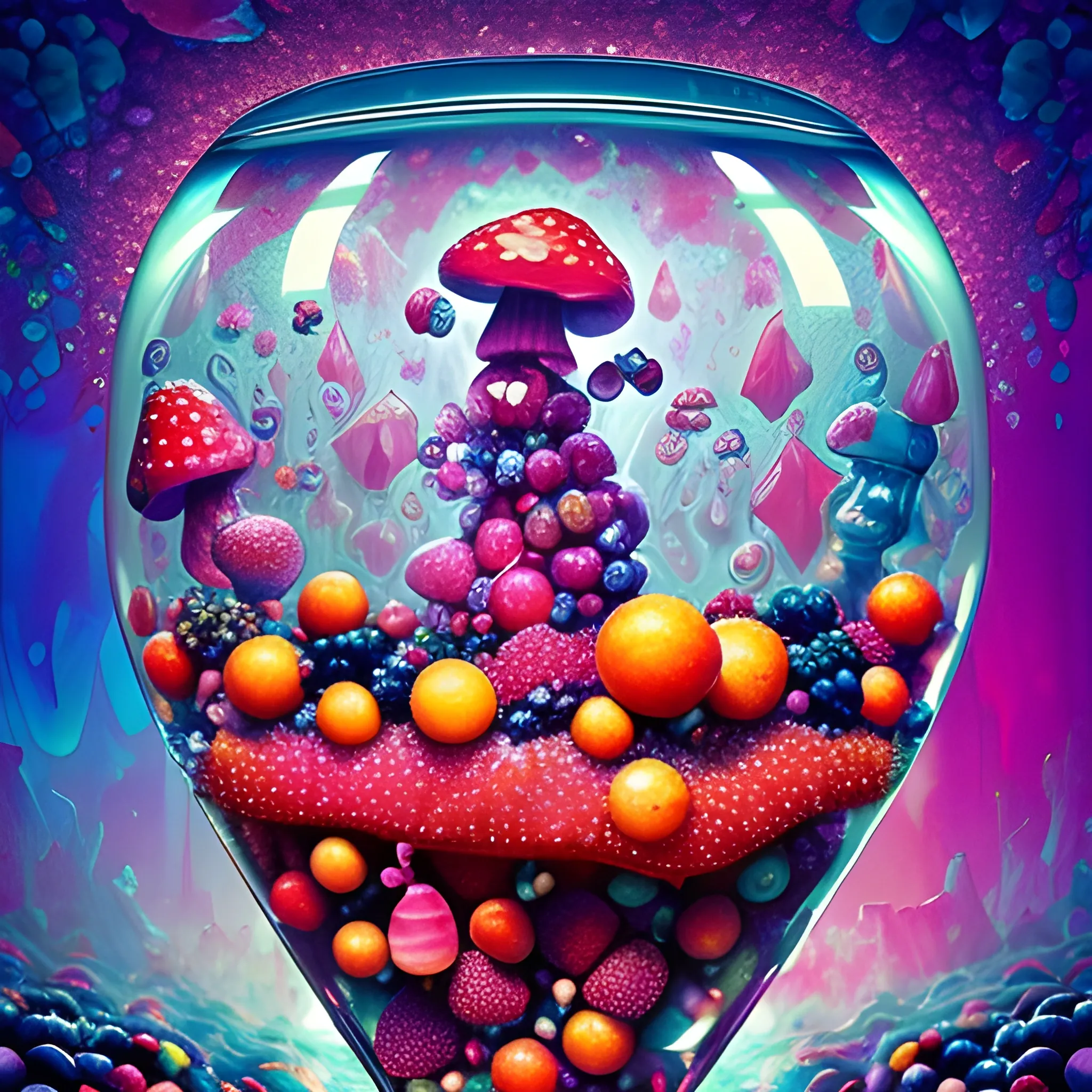 many crystal crazy mushrooms with human face, crystal blueberries, strawberries, loquats, raspberries around, many broken glass in the air, saturated colors, surrealism, chaotic background, 3D, Trippy,  eerie atmosphere, close up, Oil Painting, angular perspective 