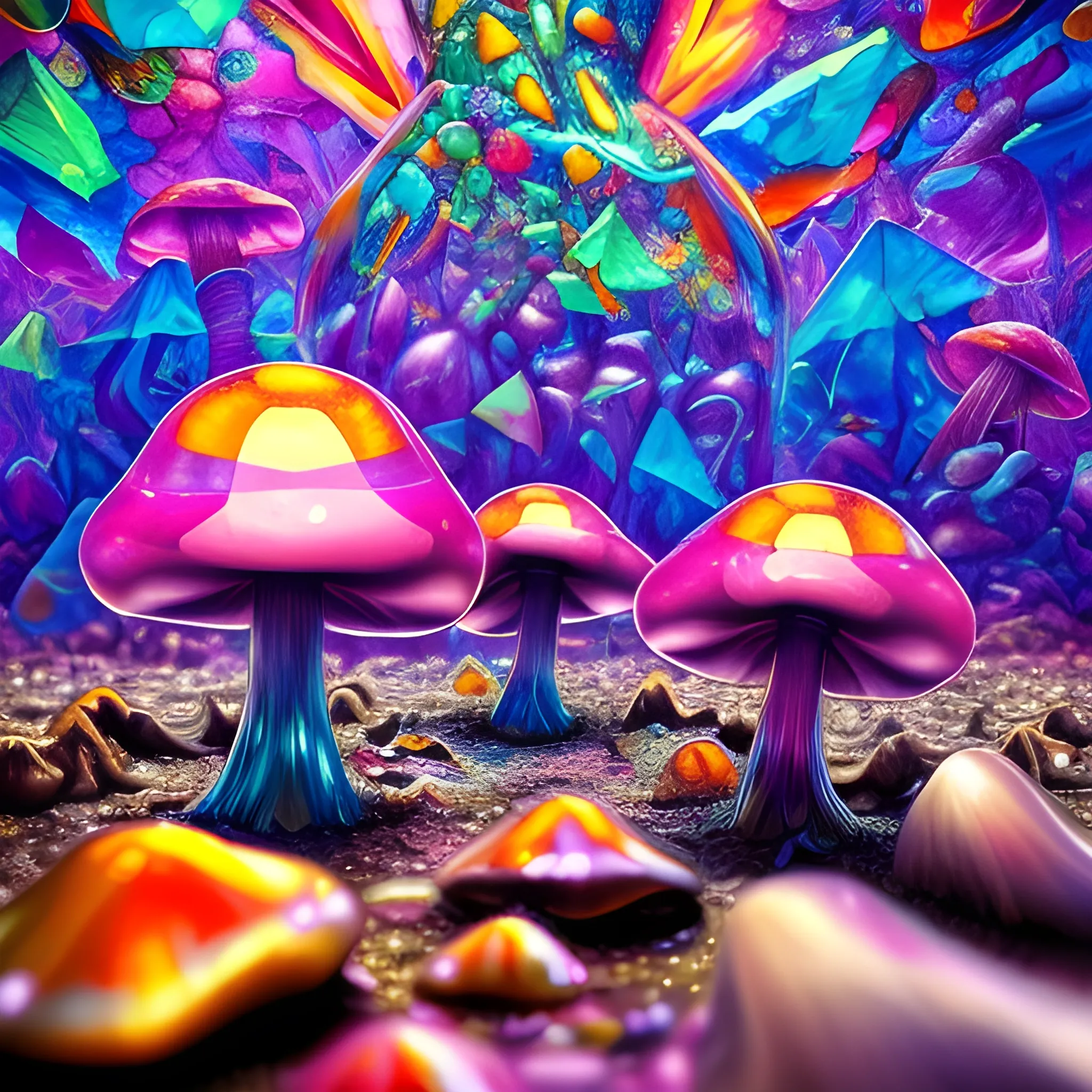 many crystal crazy mushrooms with human face, crystal frogs around, many broken glass in the air, saturated colors, surrealism, chaotic background, 3D, Trippy,  eerie atmosphere, close up, Oil Painting, angular perspective 