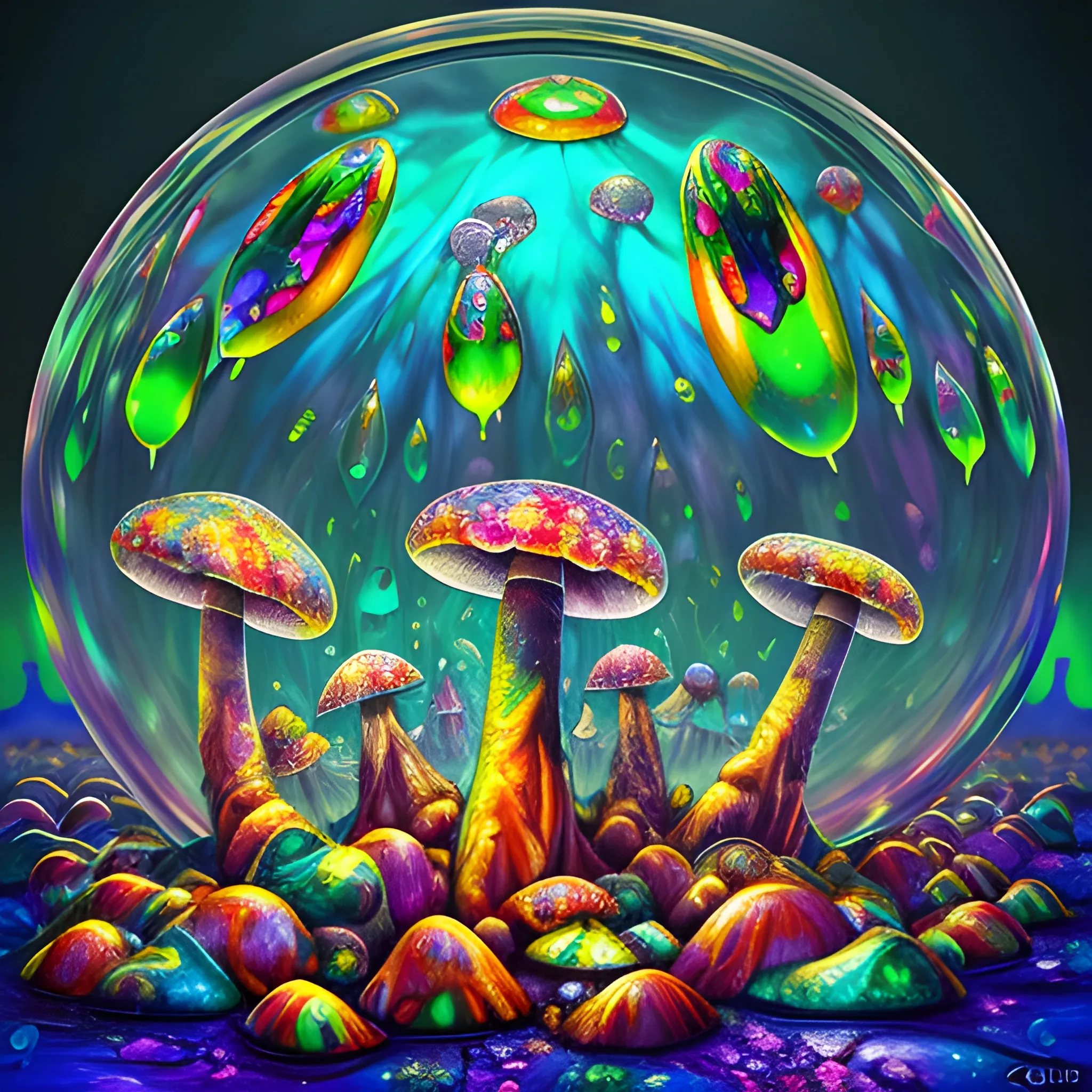 many crystal crazy mushrooms with human face, crystal frogs around, many broken glass in the air, saturated colors, surrealism, chaotic background, 3D, Trippy,  eerie atmosphere, close up, Oil Painting, angular perspective 