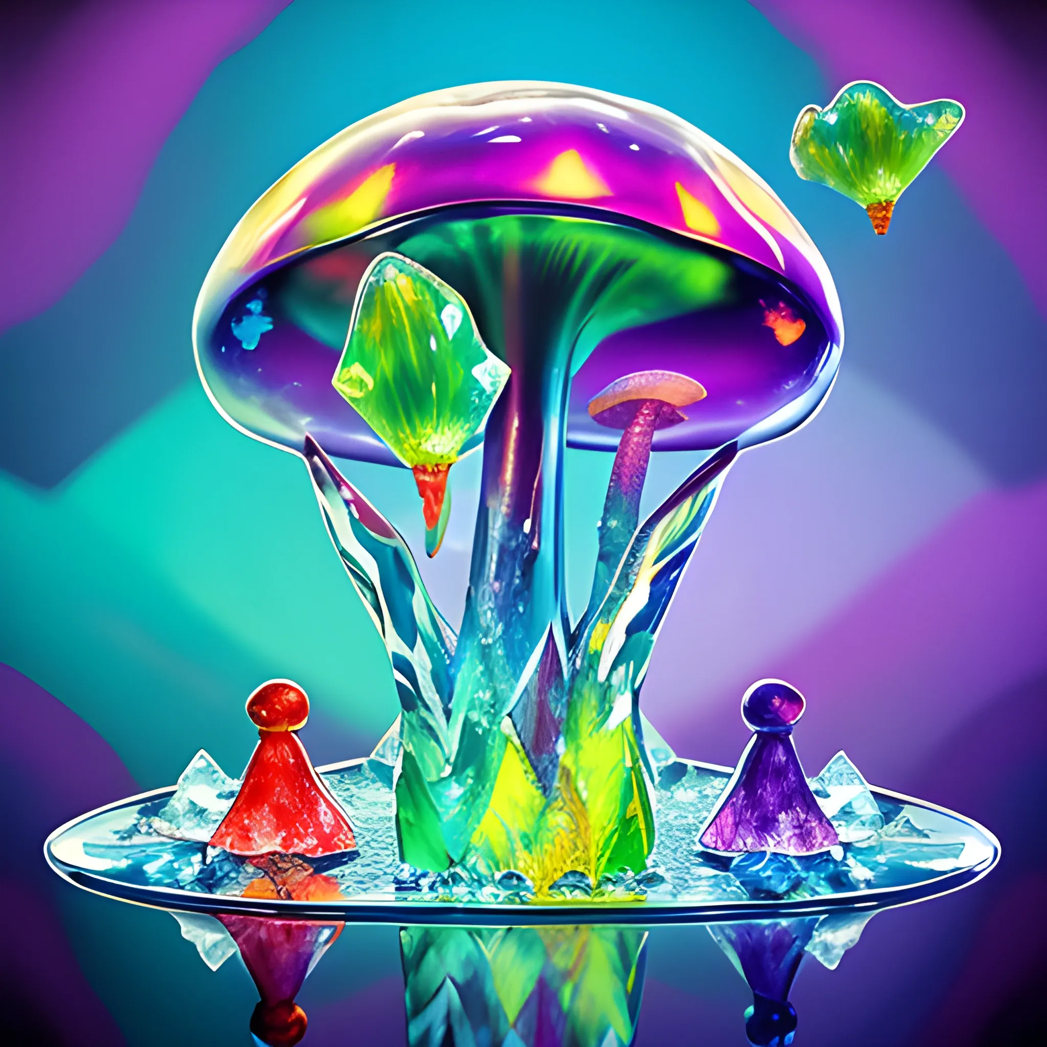  a crystal mushrooms with human face, crystal frogs around, many ice cubes fly in the air , saturated colors, surrealism, chaotic background, 3D, Trippy,  eerie atmosphere, close up, Oil Painting, angular perspective 