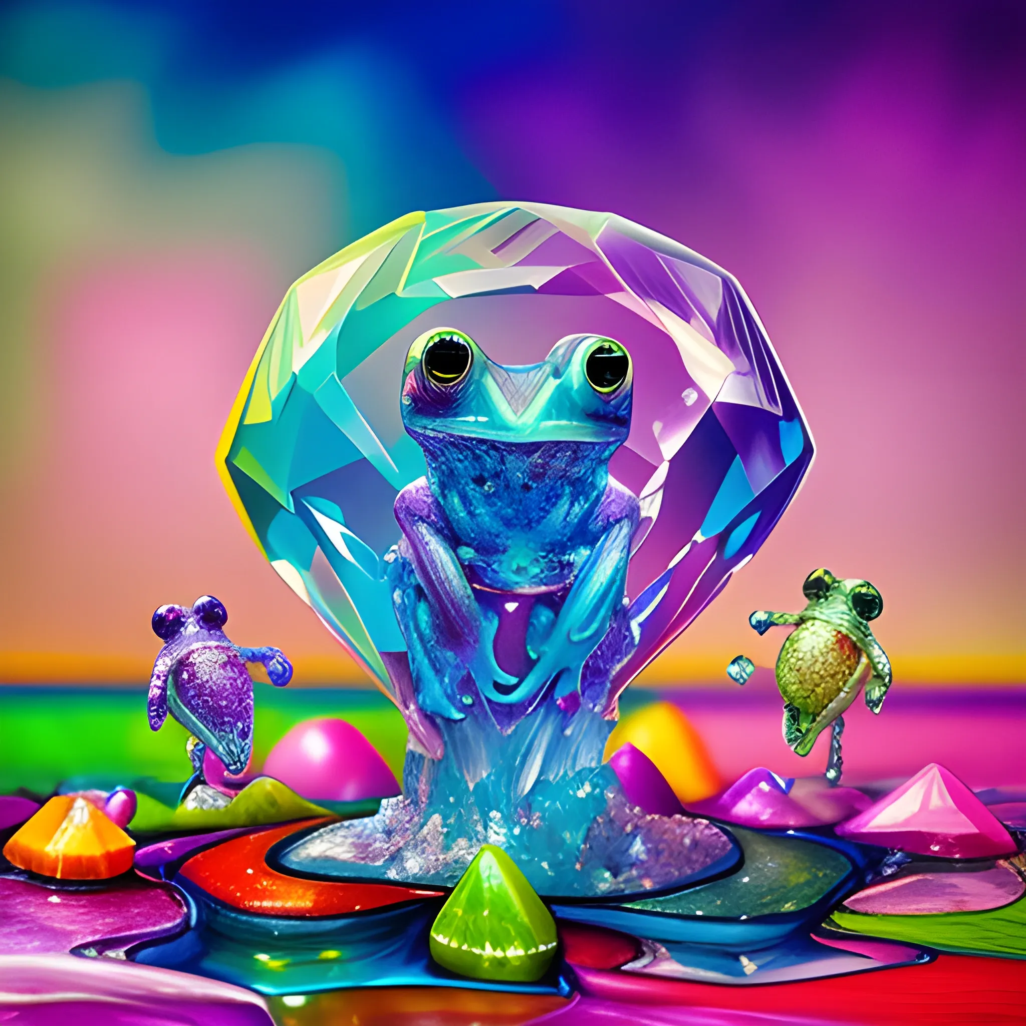 many crystal frogs around, a crystal mushrooms with human face, many ice cubes fly in the air , saturated colors, surrealism, chaotic background, 3D, Trippy,  eerie atmosphere, close up, Oil Painting, angular perspective 