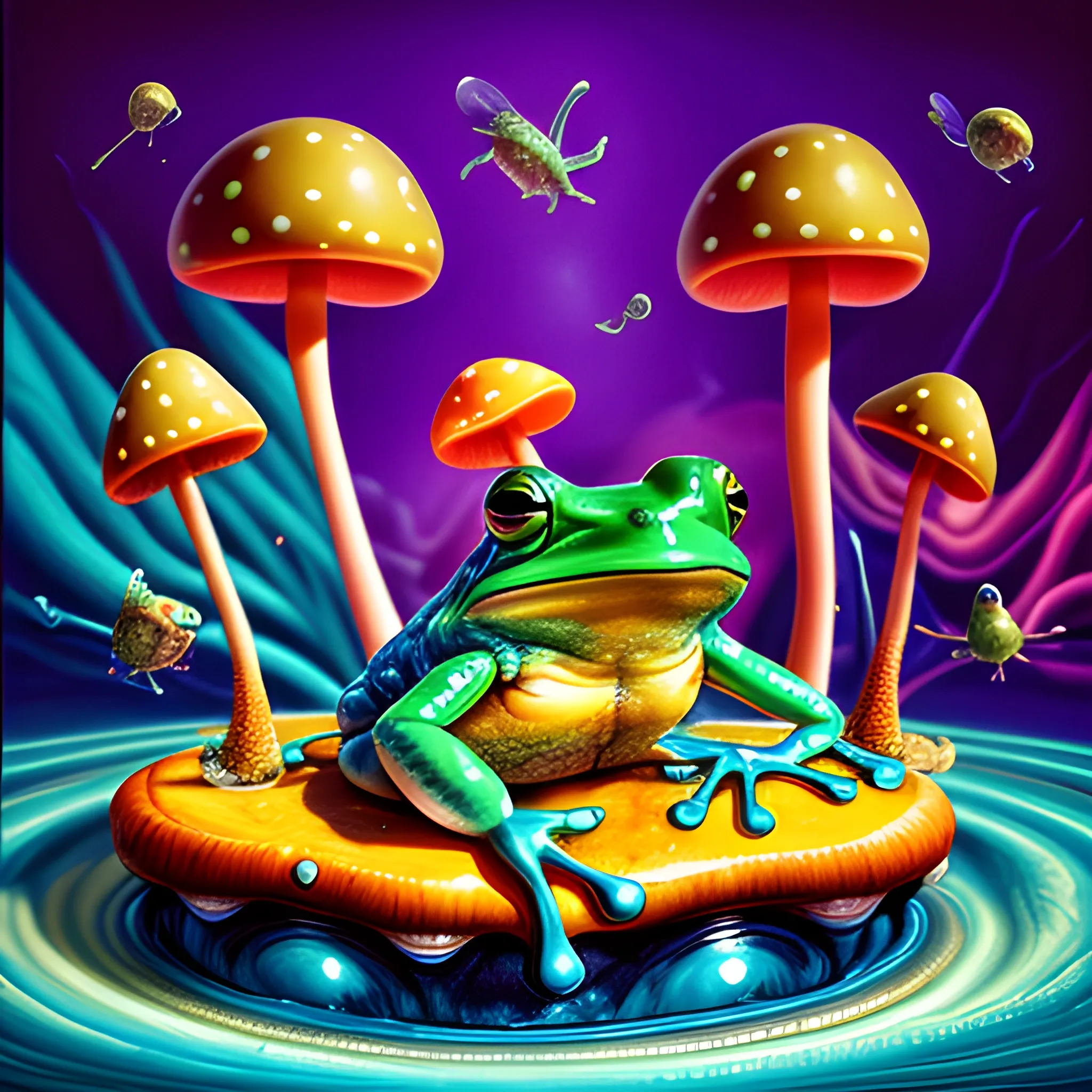 many frogs around, a mushrooms with human face, many ice cubes fly in the air , saturated colors, surrealism, chaotic background, 3D, Trippy,  eerie atmosphere, close up, Oil Painting, angular perspective 