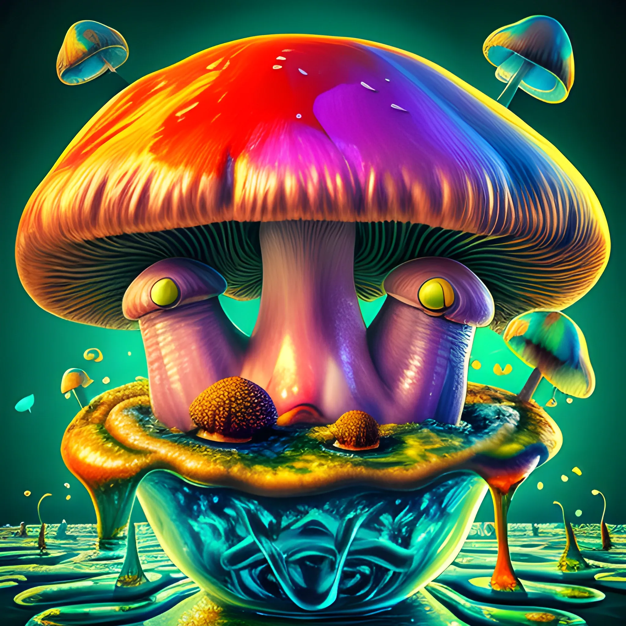 a mushrooms with human face, many frogs around, many ice cubes fly in the air , saturated colors, surrealism, chaotic background, 3D, Trippy,  eerie atmosphere, close up, Oil Painting, angular perspective 