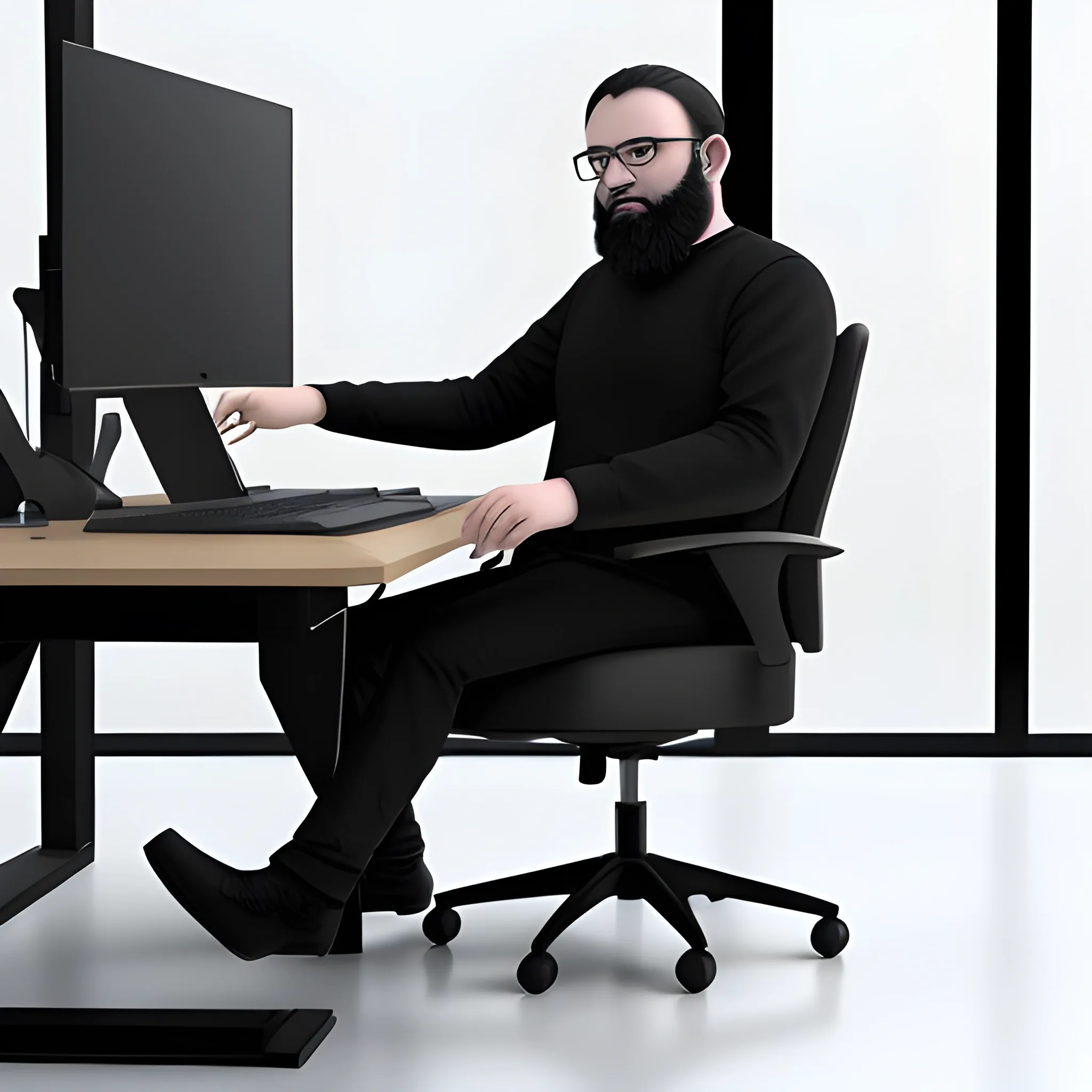 generame una imagen en 3D de un programador sentado en su silla, en frente del computador, con gafas y con barba, para colocarlo como header en su portfolio