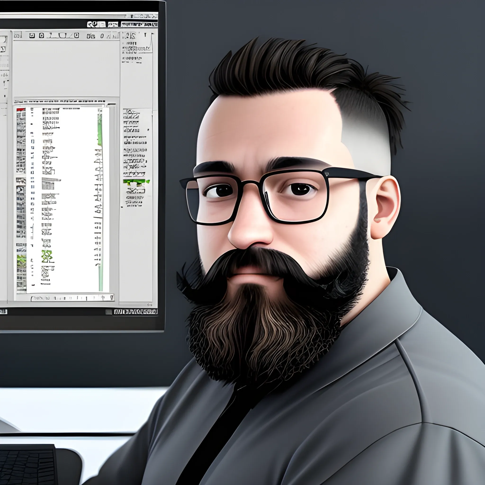 generame una imagen en 3D de un programador sentado en su silla, en frente del computador, con gafas y con barba, para colocarlo como header en su portfolio