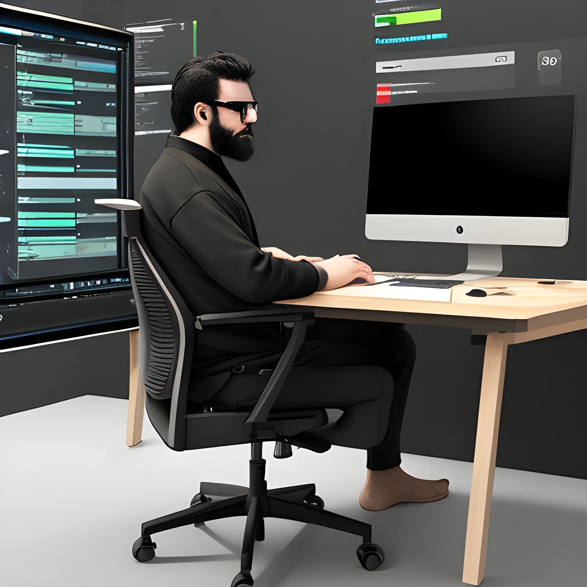 generame una imagen en 3D de un programador sentado en su silla, con fondo negro, y delgado, en frente del computador, con gafas y con barba, para colocarlo como header en su portfolio