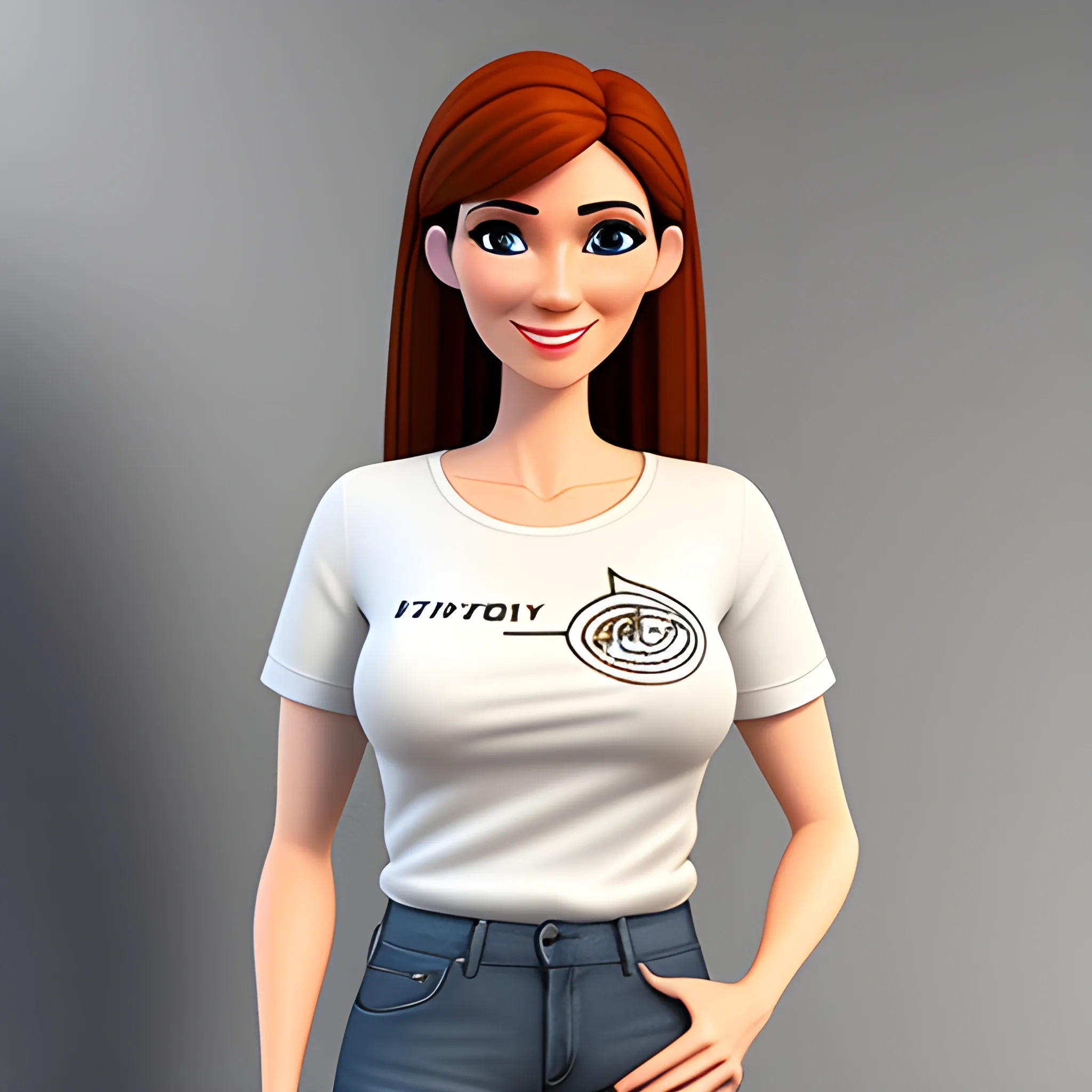 Pixar-style drawing of a young woman, about 35 years old, white, with long brown hair, gray eyes, with a thin upper lip, some freckles, dressed in a t-shirt and jeans. In a graphic design office, 3D